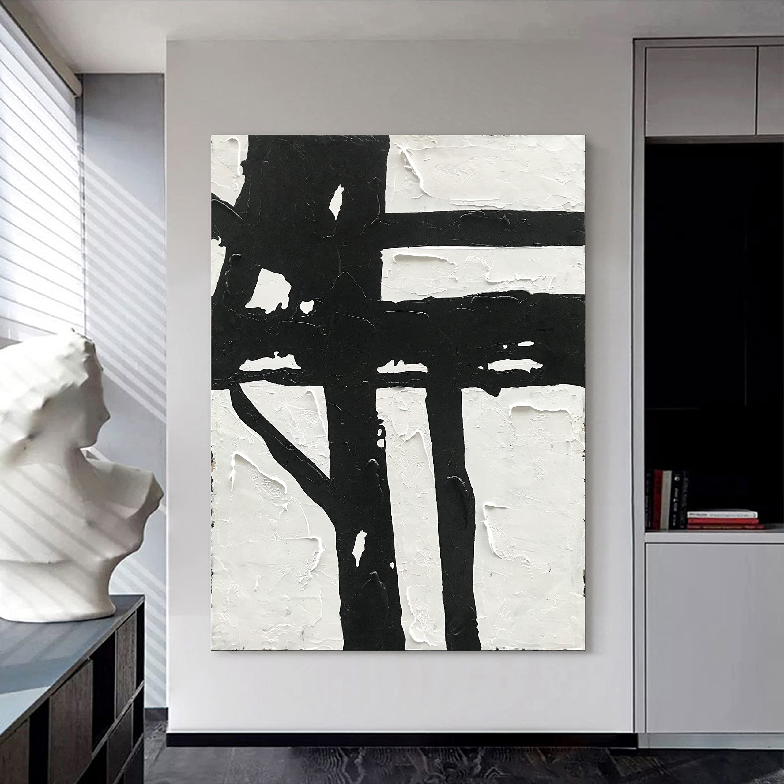 Hand-Painted Black and White Abstract Wall Art - Contemporary Minimalist Oil Painting 45x30 Inch - Large Modern Canvas Art for Living Room, Bedroom, Office & Hallway Decor - Perfect for Home, Apartment & Commercial Spaces
