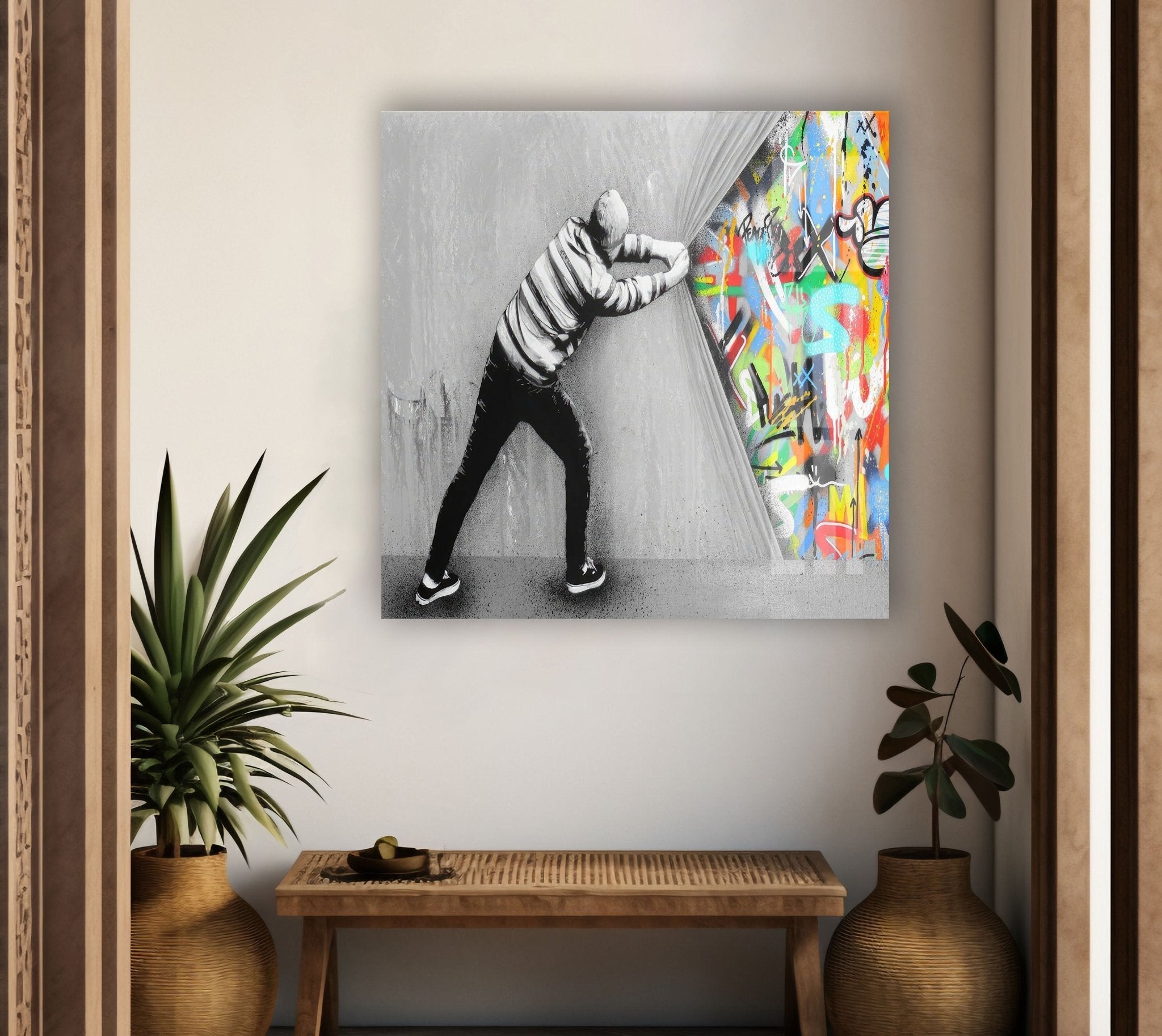 Banksy Behind the Curtain Graffiti Art Print - Modern Glass Wall Decor for Living Room, Bedroom & Office - Urban Street Art Home Decor
