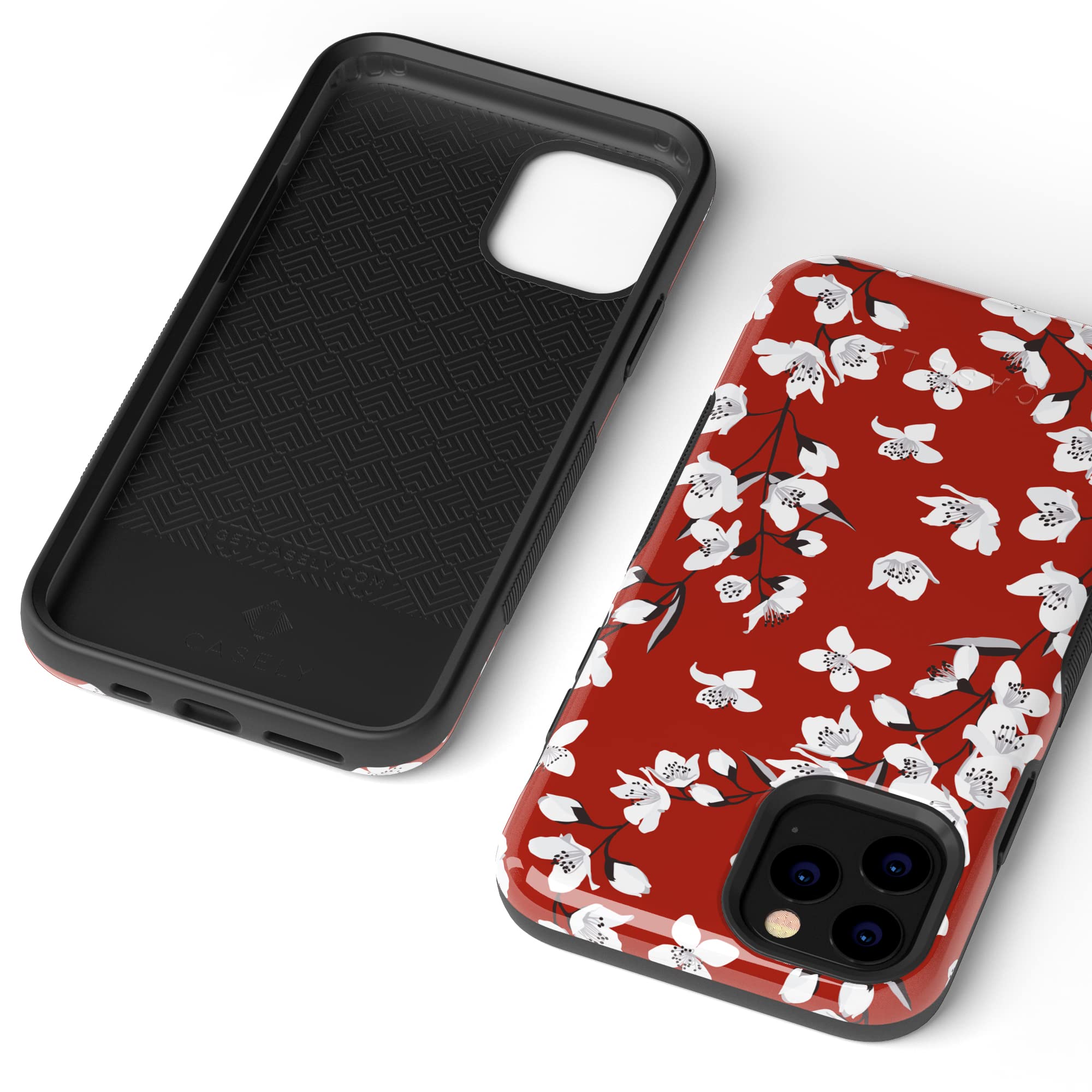 Casely iPhone 11 Pro Max Case - Red Cherry Blossom Floral Design Protective Cover | Slim Fit, Shockproof & Scratch-Resistant | Perfect for Everyday Use, Travel & Outdoor Activities