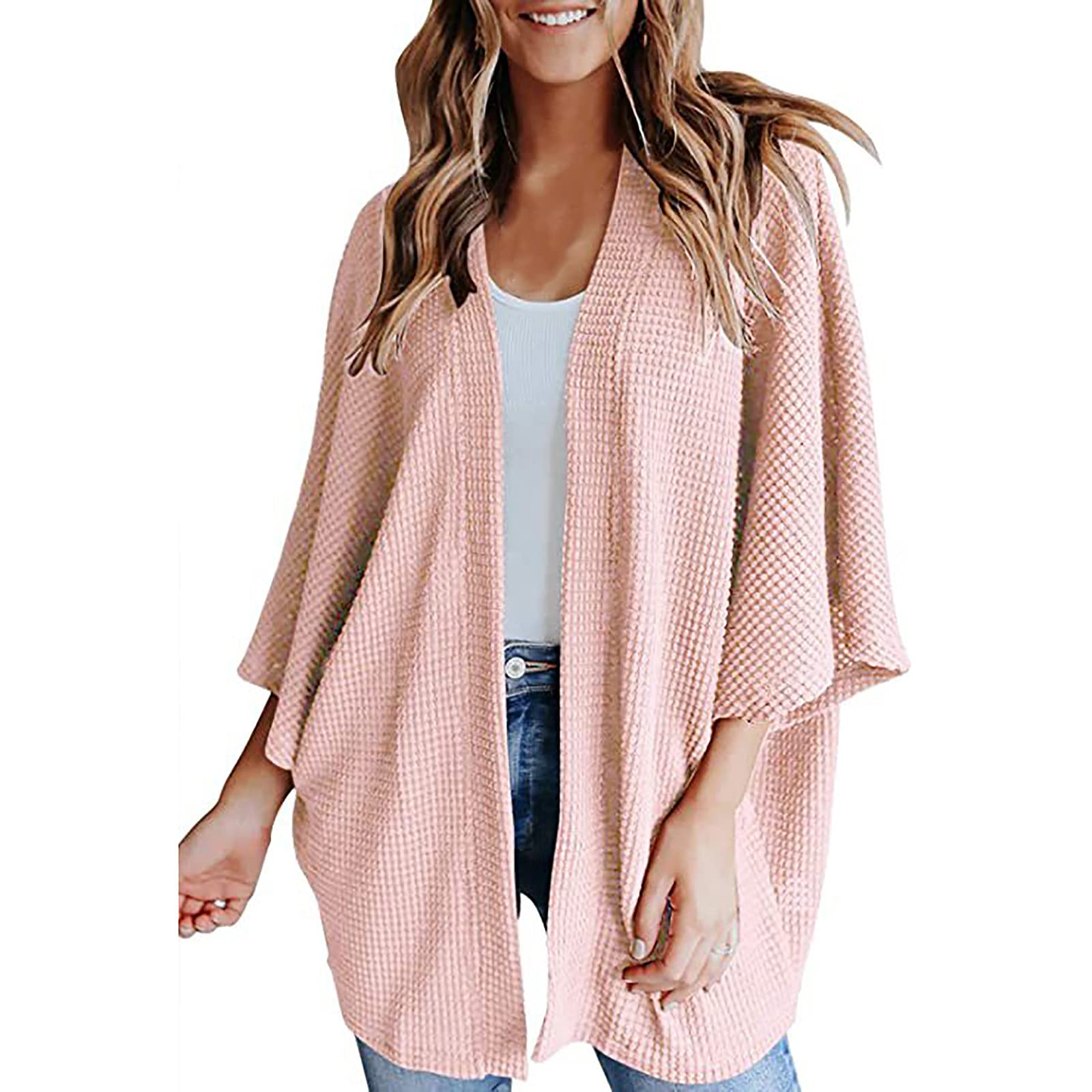 Women's Long Waffle Knit Cardigan Sweater - Lightweight Open Front Batwing Sleeve Shrug Cover Up for Casual Wear | Perfect for Office, Lounge & Fall Layering
