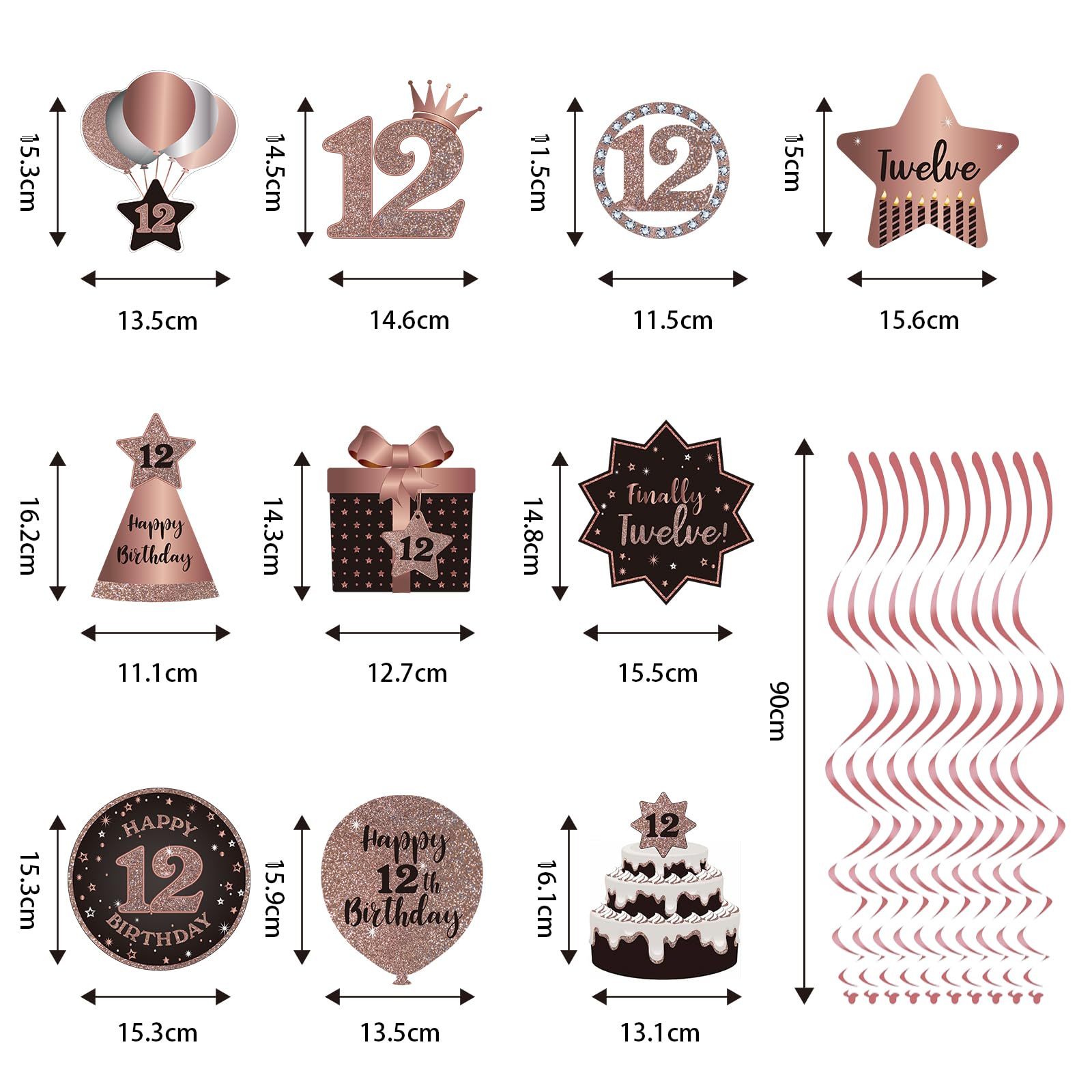 BRT Bearingshui 12th Birthday Party Decorations - 12 Rose Gold Foil Hanging Swirls with Cutouts for Ceiling Decor | Perfect for 12 Years Old Birthday Celebrations, Party Supplies & Room Decor