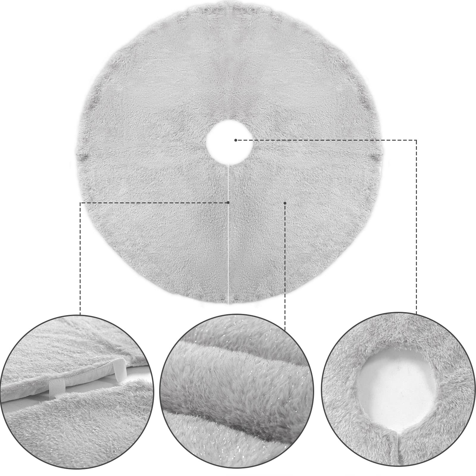36 Inch Grey Faux Fur Christmas Tree Skirt with Shiny Streamers - Xmas Tree Base Cover Mat for Holiday Home Decor, Party & Festive Celebrations (90cm)