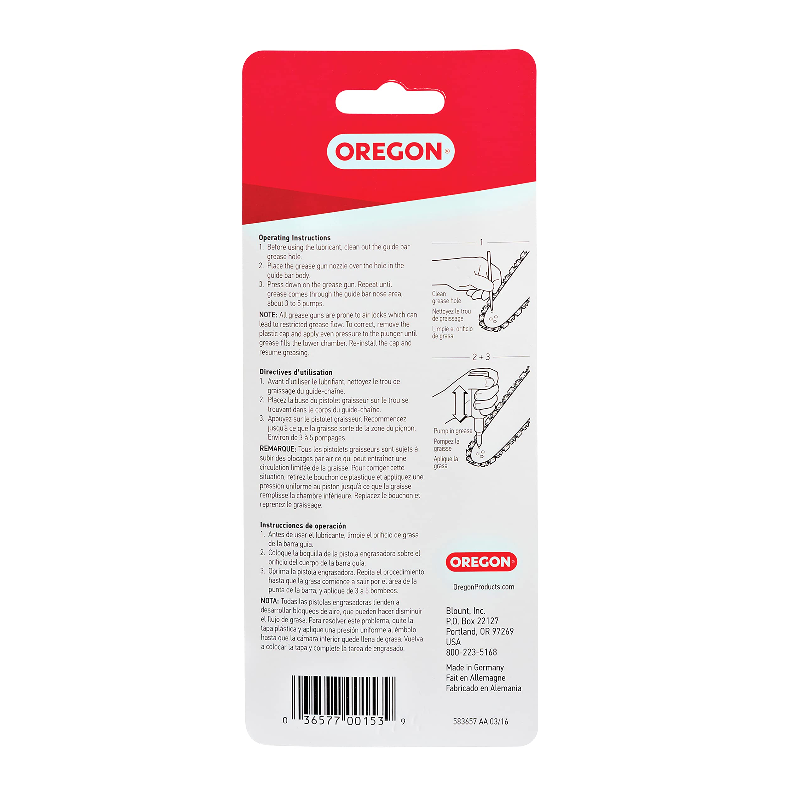 Oregon 26365 Black Grease Gun for Chainsaws - Pre-Loaded All-Purpose Lubricant, Easy Refill, Universal Fit for Most Chainsaw Models - Perfect for Chain Lubrication & Maintenance in Forestry, Landscaping & DIY Projects