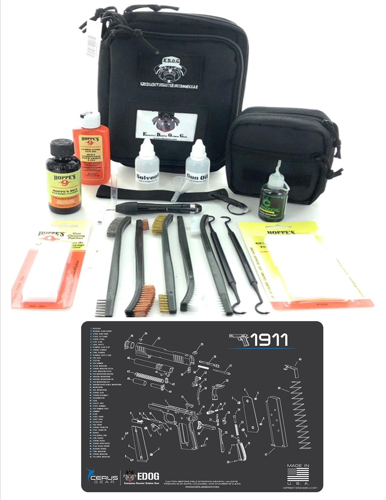 RangeMaster Elite EDC Bag Gun Cleaning Kit - 10-Piece 1911 Pistol Maintenance Set with Schematic Mat, Hoppes No.9 Solvent, Clenzoil CLP & Patches | Perfect for Range Days, Home Cleaning & Firearm Storage