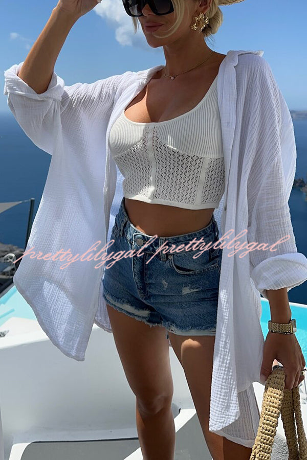 Summer Breeze Linen Blend Sequin Magic Eye Design Oversized Relax Shirt for Women | Boho Chic Beach Cover Up | Casual Loose Fit Blouse for Vacation, Party & Date Night