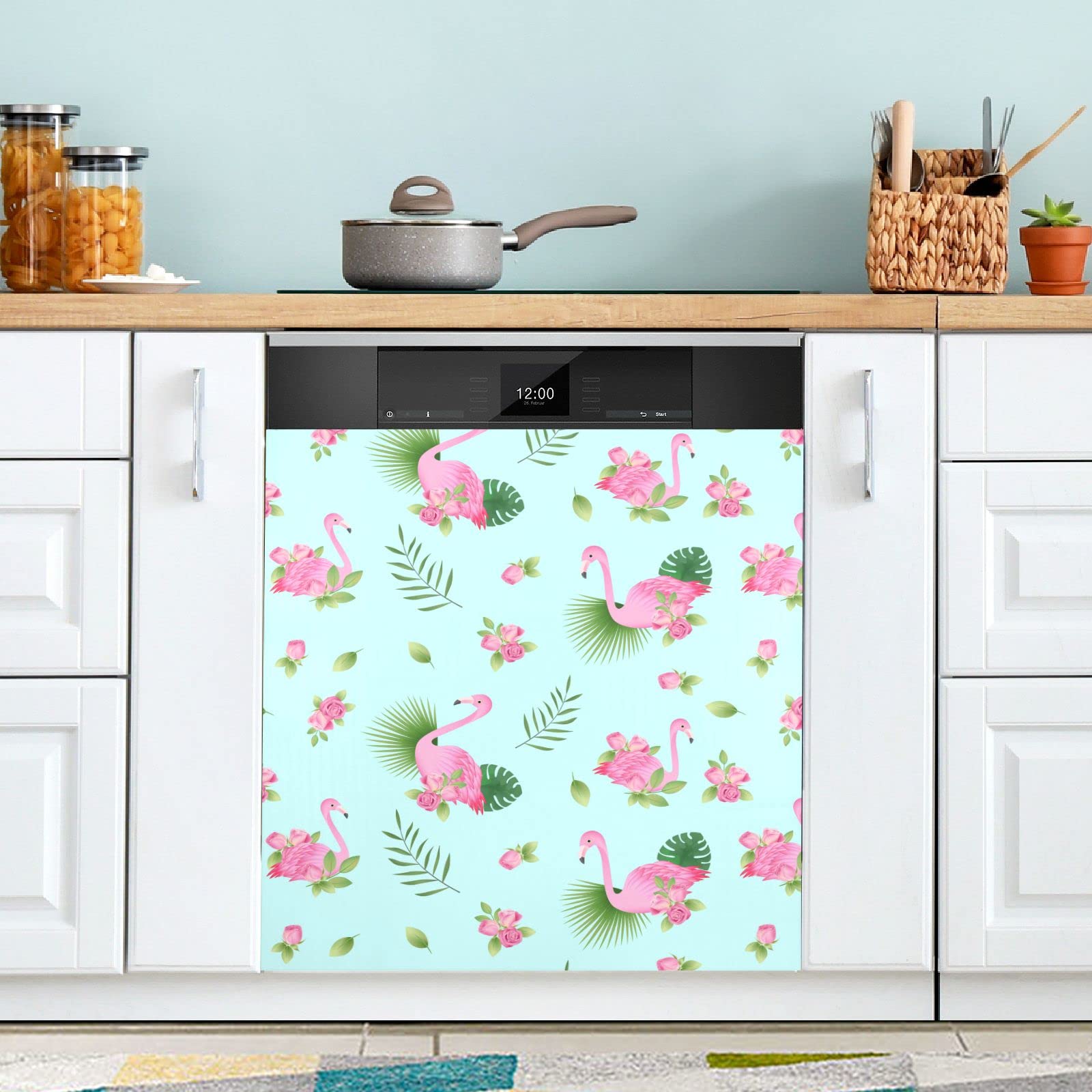 Pink Flamingo Blue Background Dishwasher Magnet Cover - Decorative Magnetic Refrigerator & Dishwasher Door Cover Sheet - Removable Panel Decal for Kitchen Appliances - Perfect for Home Decor and Gift Giving