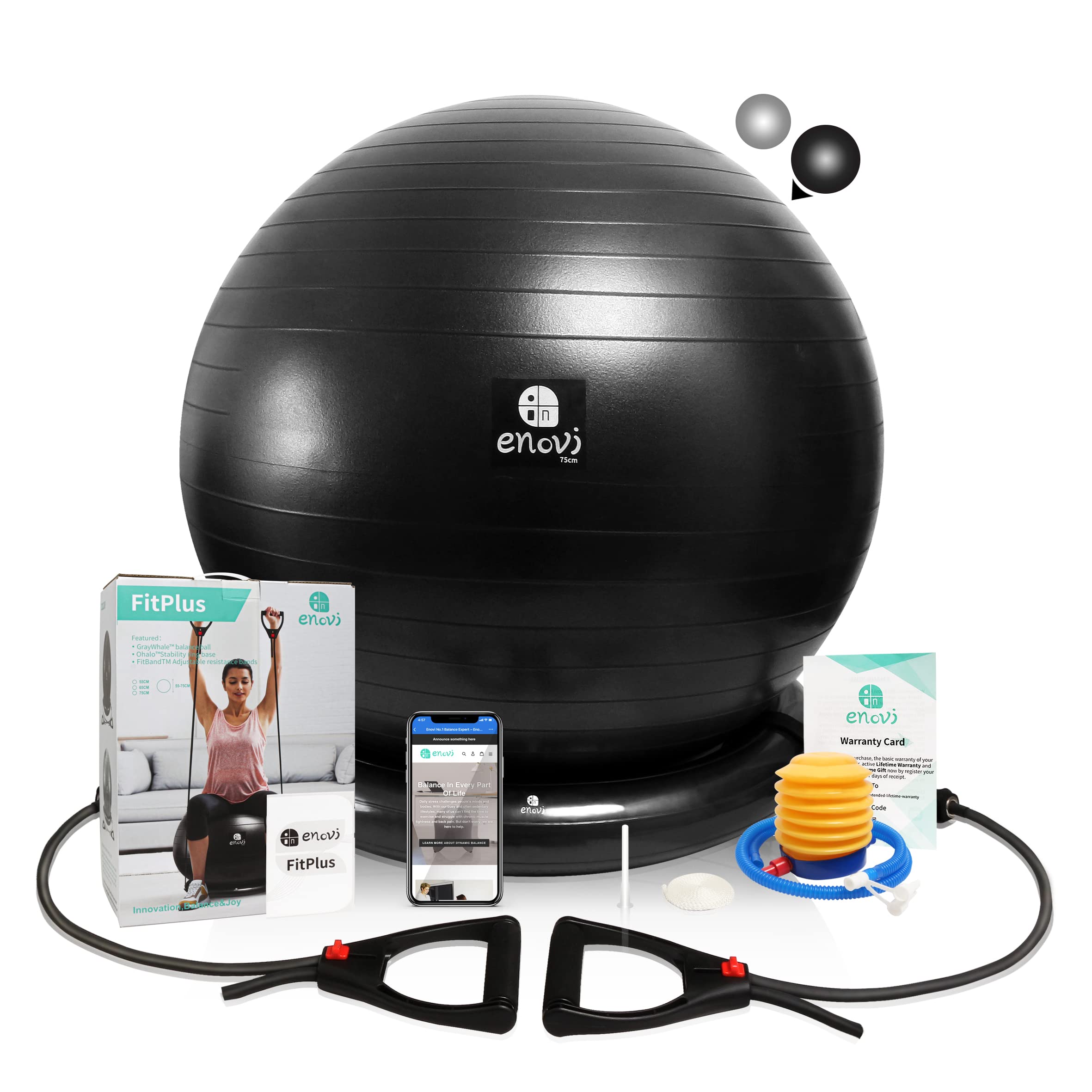 Enovi Fit+ Exercise Ball Chair with Adjustable Resistance Bands & Ring Base - Stability Yoga Ball for Home Gym, Office & Back Pain Relief - Balance Training Ball for Core Workouts, Pilates & Posture Improvement (Multiple Colors & Sizes Available)