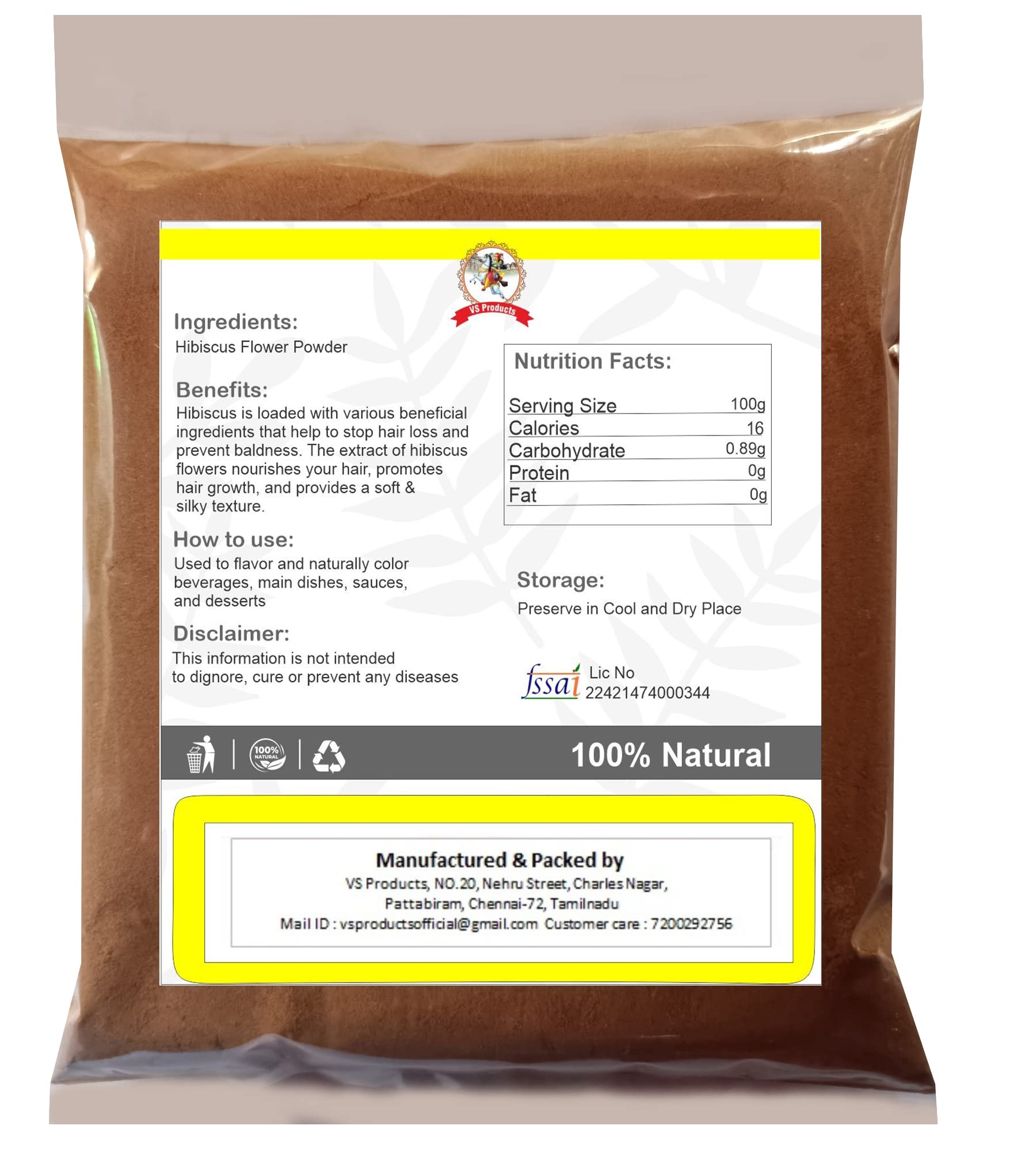 VS Products Hibiscus Flower Powder (Sembaruthi Flower Powder) 450g - Organic, Natural Hair & Skin Care for DIY Beauty Treatments, Herbal Tea, and Healthy Recipes