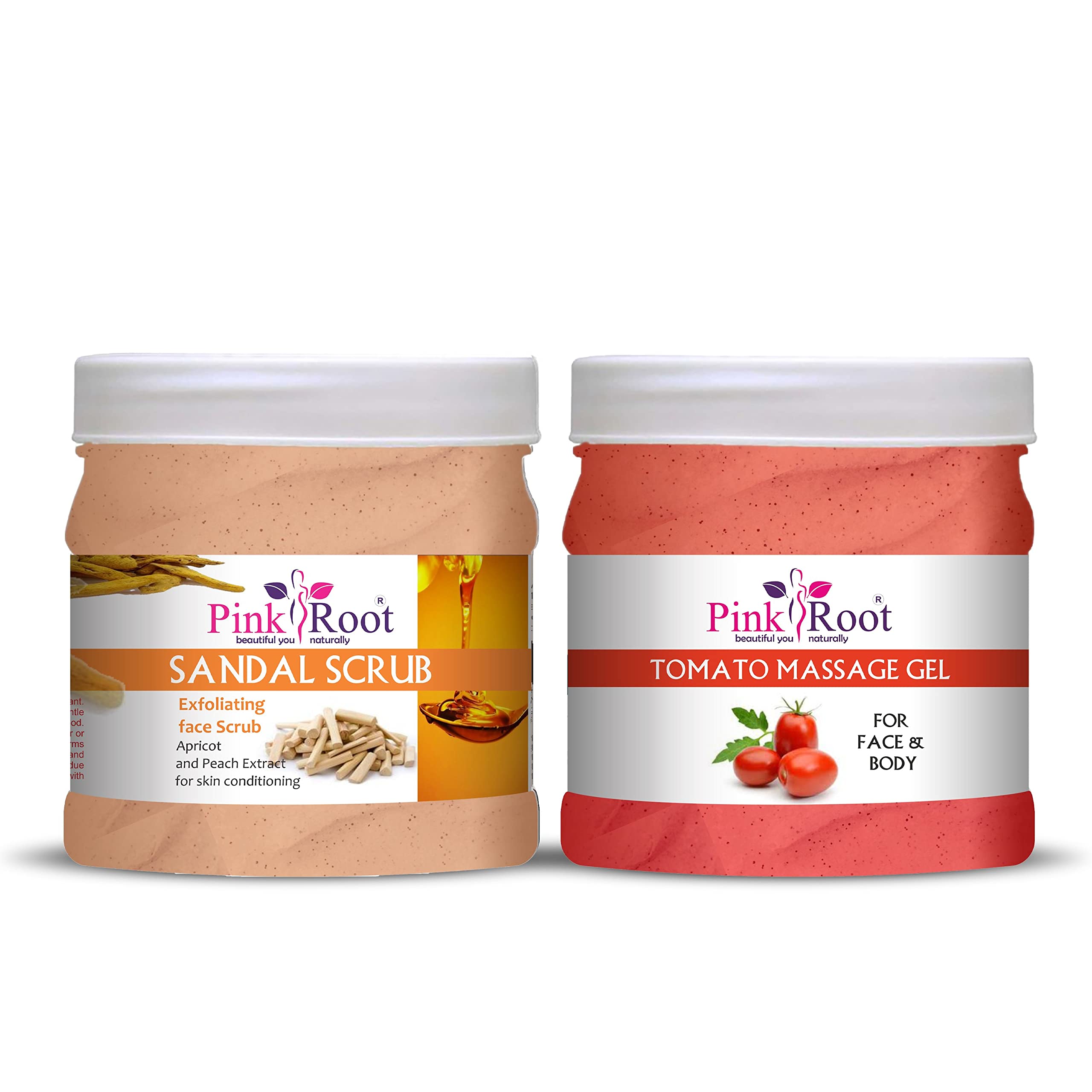 Pink Root Tomato Massage Gel & Sandal Scrub Set - 500ml Each - Natural Skin Care for Exfoliation & Relaxation - Perfect for Spa, Home Massage & Body Treatment