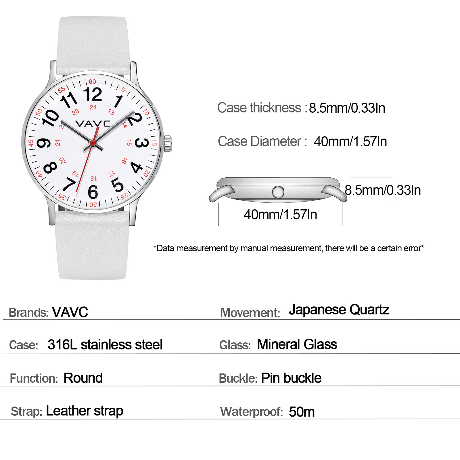 Nurse Watch for Medical Professionals & Students - Easy to Read 24-Hour Dial with Second Hand - Perfect for Doctors, Nurses & Healthcare Workers in Hospitals & Clinics