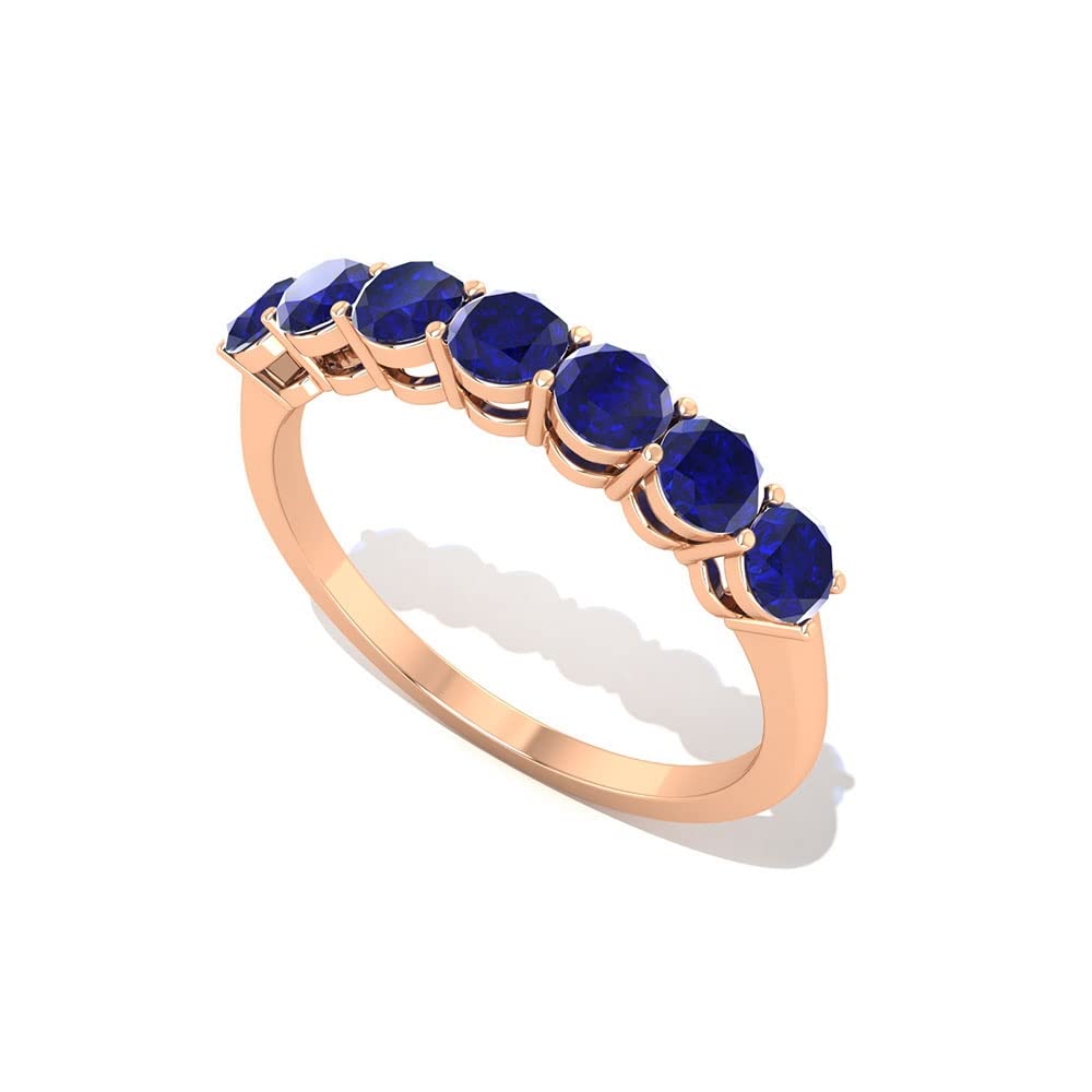 14K Solid Gold Created Blue Sapphire Seven Stone Ring – Minimalist Elegance for Engagement, Wedding & Anniversary Gifts