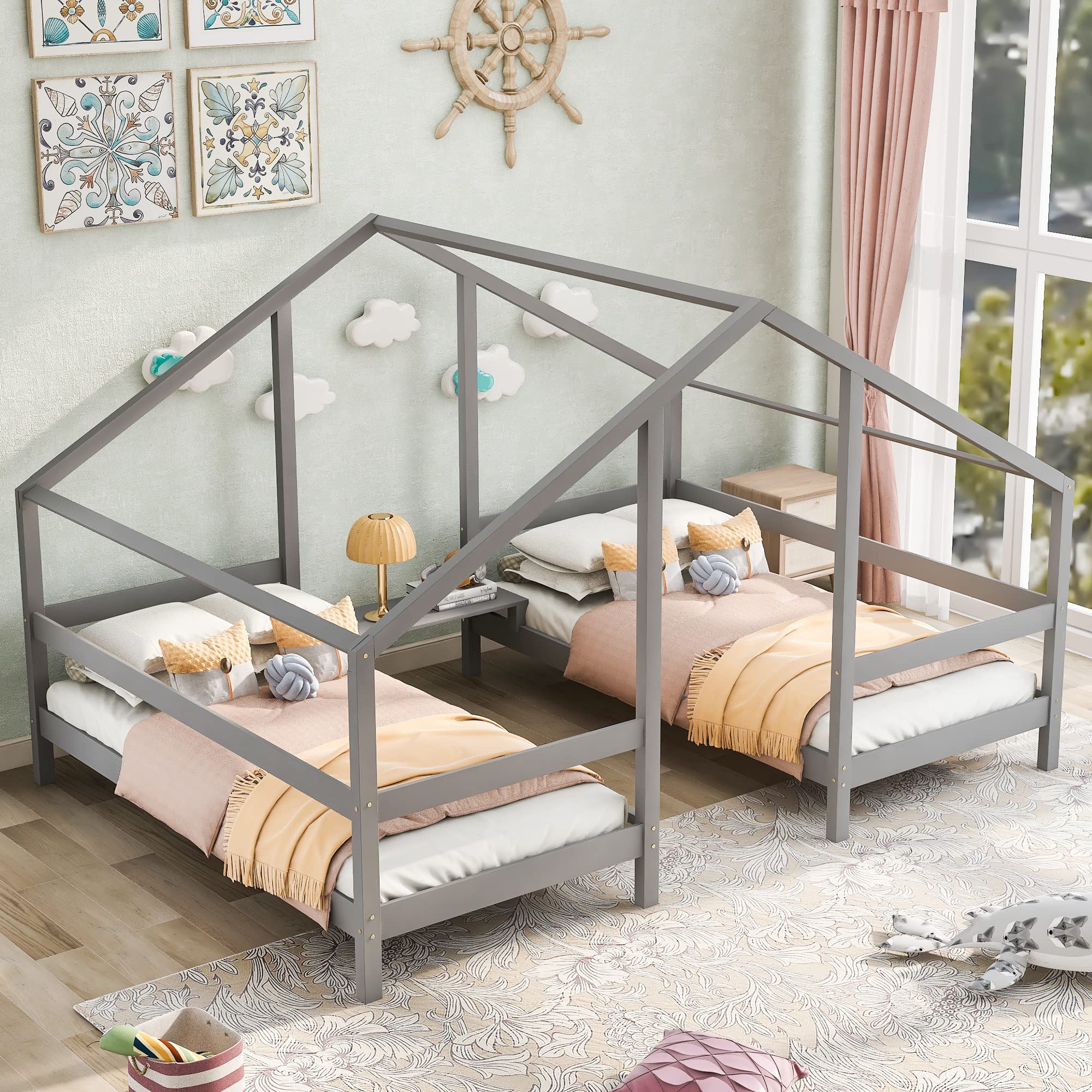 Double Twin Size House Beds with Triangular Canopy & Built-in Table - Gray Wooden Frame for Kids, Teens & Adults - Perfect for Bedrooms, Playrooms & Cozy Reading Nooks