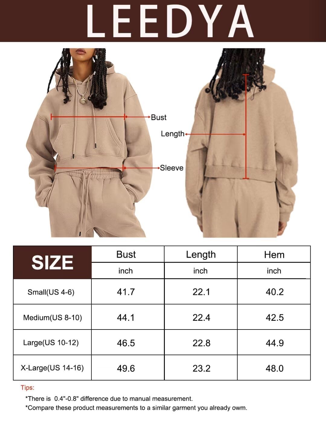 LEEDYA Women's Cropped Hooded Sweatshirt - Long Sleeve Loose Fit Fleece Pullover Top for Casual Wear, Street Style & Outdoor Activities