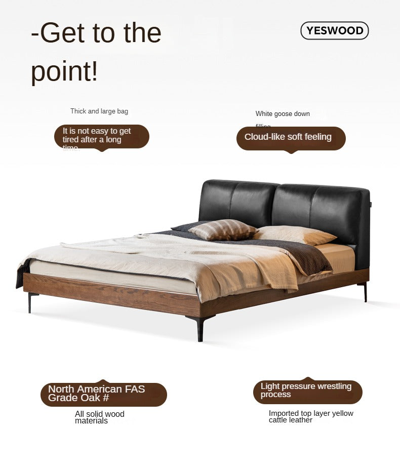 Luxury Oak Solid Wood Bed with Soft Leather Upholstery - Elegant Master Bedroom Furniture for Modern Home Decor