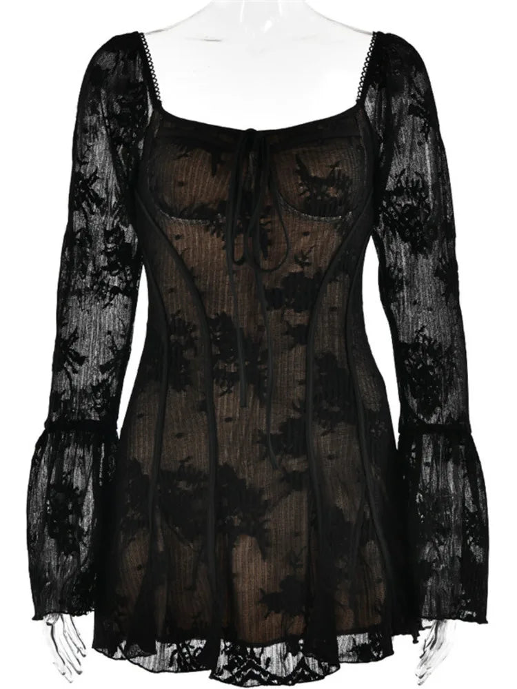 Elegant Backless Long Flare Sleeve Print Mini Dress for Women - Square Collar A-Line Pleated Club Party Sexy Dress | Perfect for Night Out, Date Night, Cocktail Party and Special Occasions