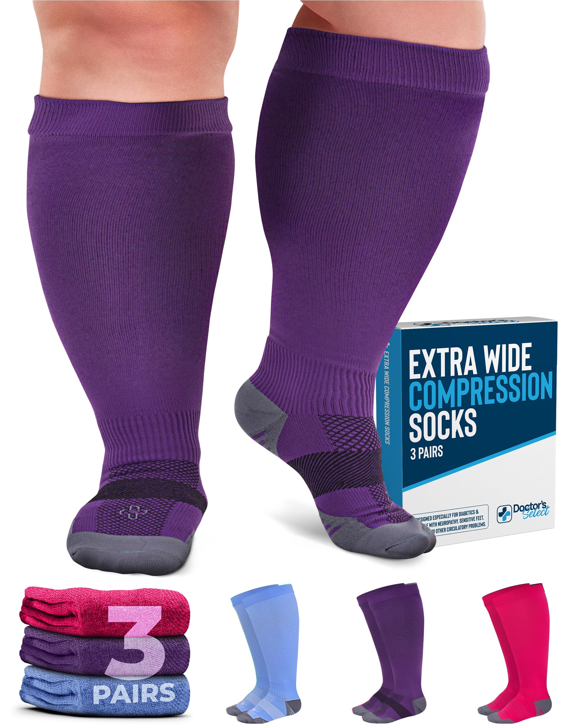 Doctor's Select 3 Pairs Plus Size Compression Socks (20-30 mmHg) for Women with Wide Calf - Up to 6XL in Pink, Purple & Blue | Circulation Support & Comfort | Ideal for Travel, Nursing & Varicose Vein Relief