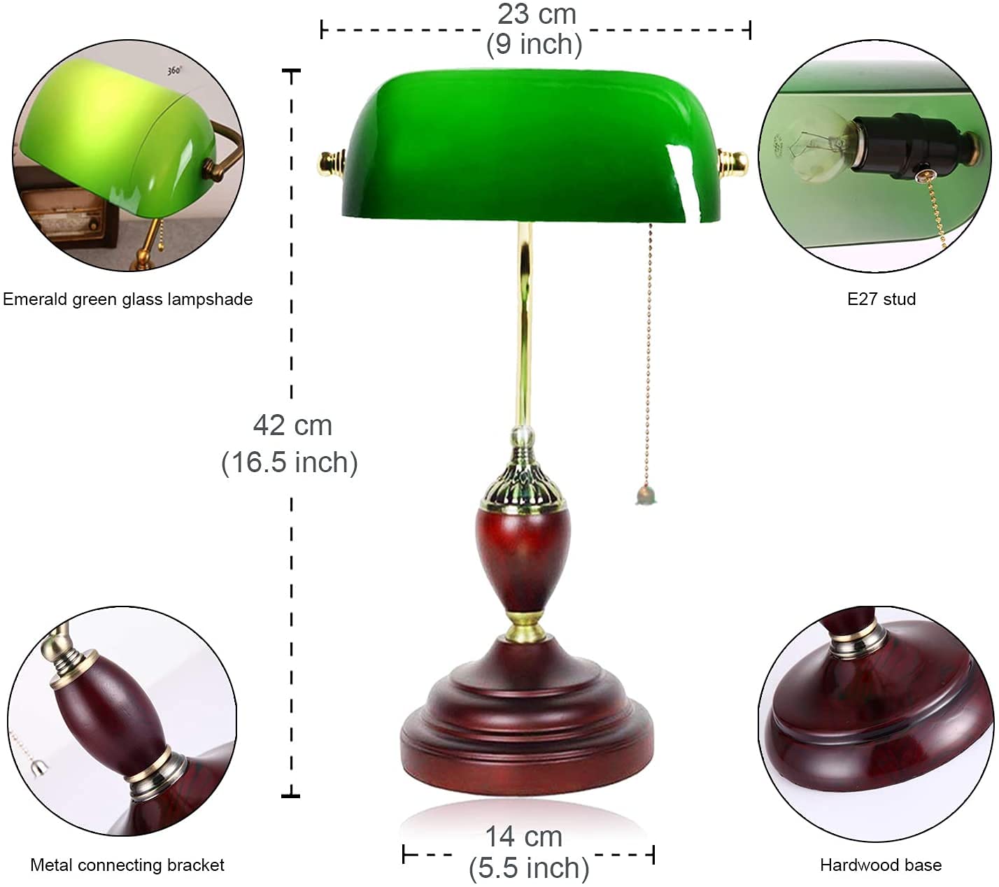 Vintage Emerald Green Glass Banker Desk Lamp with Wooden Base - Adjustable 360° LED Reading Light, E27 Bulb Compatible, Pull Chain Switch - Perfect for Office, Study & Bedroom Lighting (Model-A)