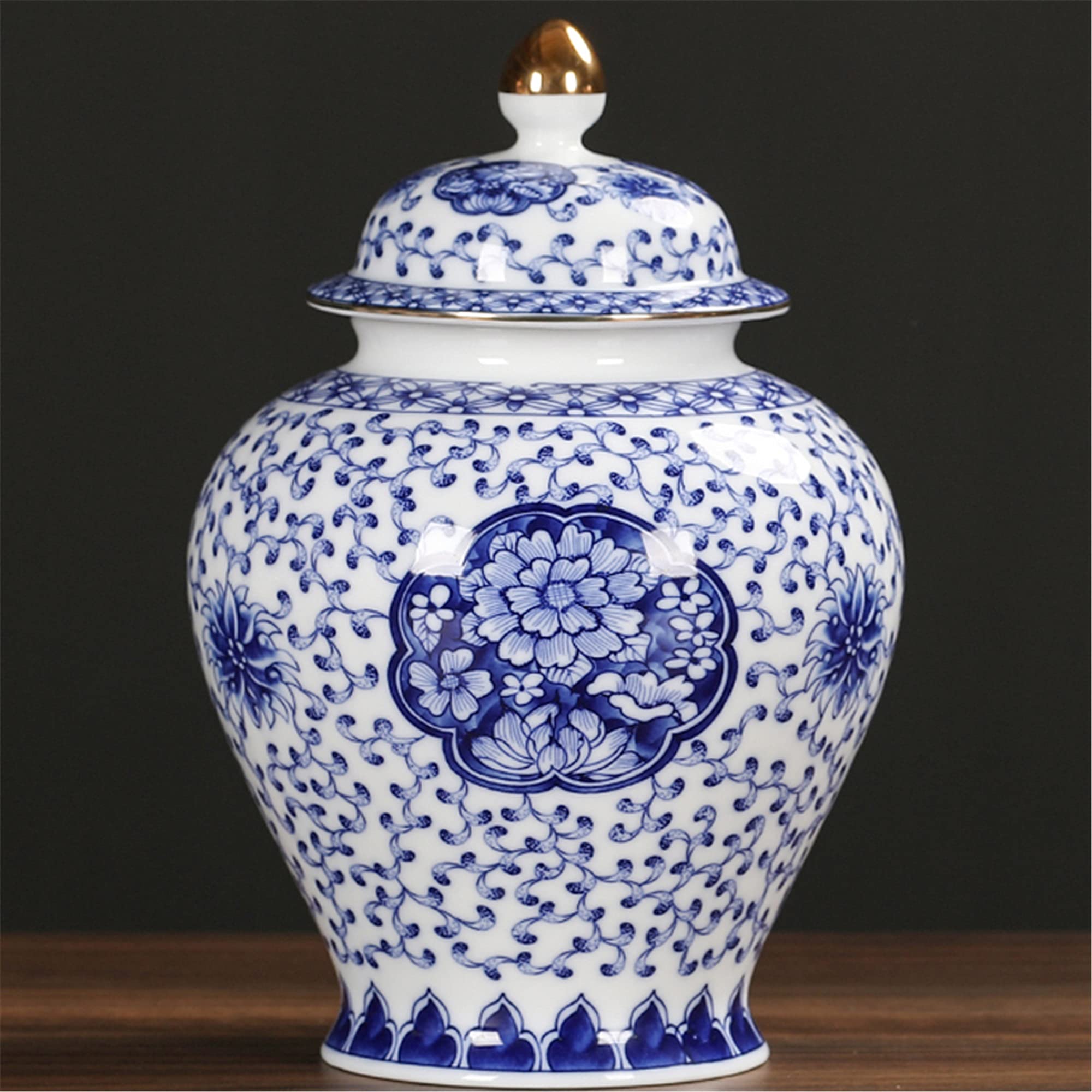 Blue and White Ginger Jar with Lid - 10 Inch Ceramic Tea Tin for Storage, Tea Caddy Canister - Vintage Style Tea Container for Loose Leaf Tea, Coffee, Sugar & Spices - Perfect for Kitchen, Pantry & Home Decor
