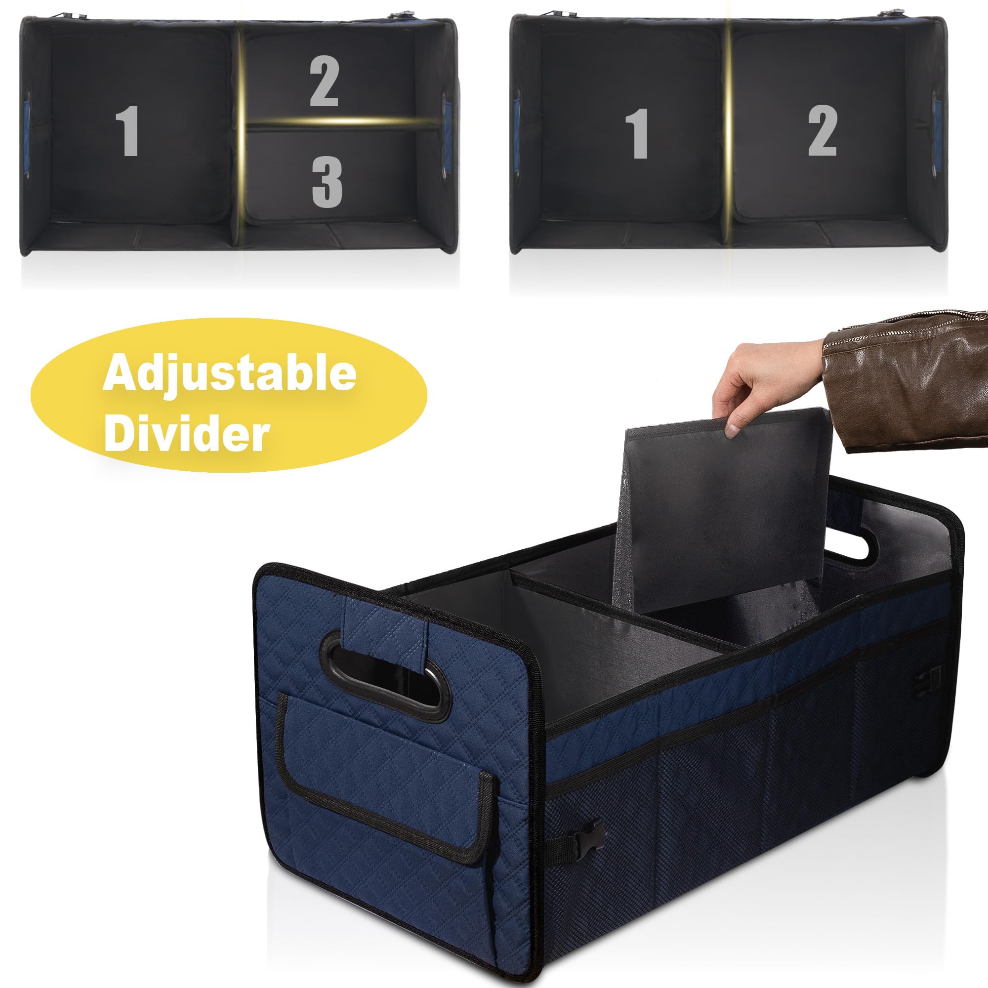 JiatuA Collapsible Car Trunk Organizer for SUV - Multi-Compartment Storage Container Box with Adjustable Dividers - Car Accessories for Women & Men (Dark Blue) - Perfect for Road Trips, Grocery Shopping & Family Outings