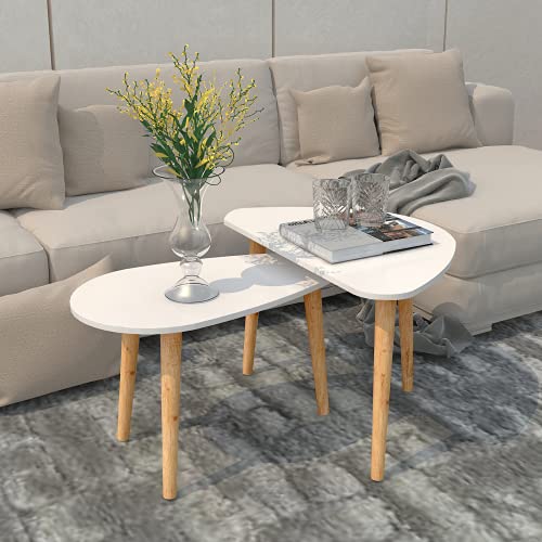 Modern Nesting Coffee Table Set of 2 - Wood Accent End Tables for Living Room, Bedroom or Office - White Side Tables for Small Spaces with Storage Shelf