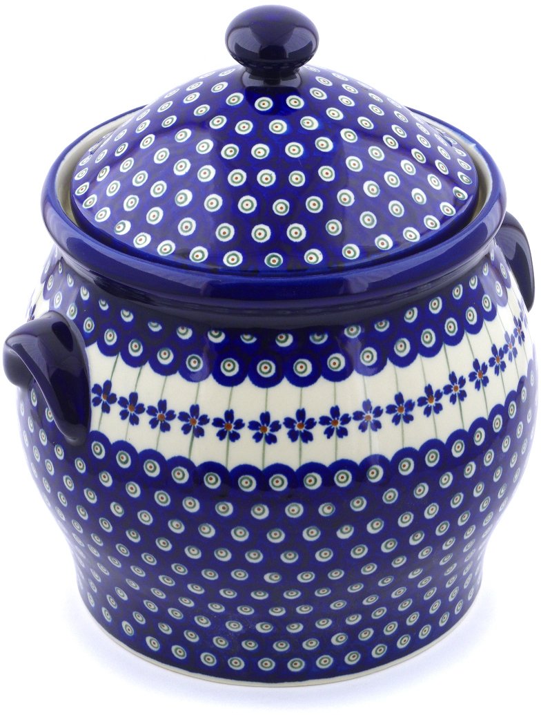 Authentic Polish Pottery 11.25-inch Jar with Lid & Handles - Flowering Peacock Design | Handmade Ceramic Storage Container | Perfect for Kitchen, Pantry & Home Decor