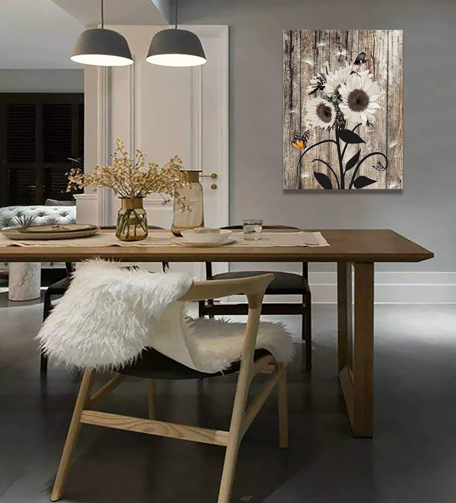 White Sunflower Butterfly Wall Art Canvas - Rustic Farmhouse Wood Decor for Bedroom, Living Room, Kitchen & Office - Country Floral Picture Poster Print - Modern Framed Home Decor Ready to Hang - Perfect for Farmhouse, Boho & Country Style Interiors