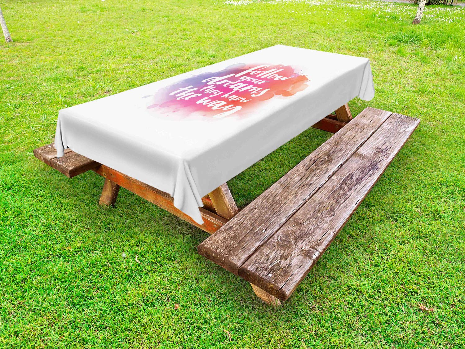 Ambesonne Inspirational Outdoor Tablecloth - Modern Watercolor Splash Design with Uplifting Quotes, Washable Picnic Table Cover 58x84 Inches in Coral Pink & Purple - Perfect for Garden Parties, BBQs, and Outdoor Dining