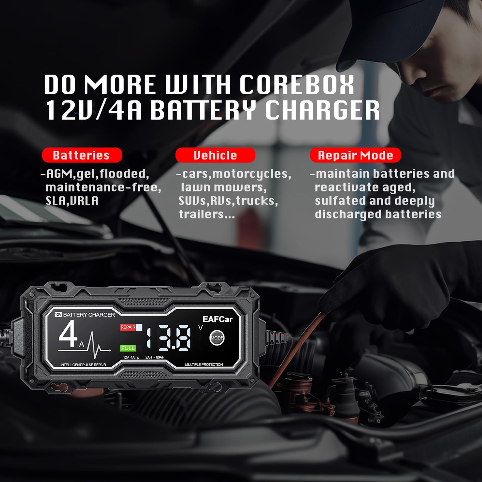 12V 4-Amp Smart Car Battery Charger & Maintainer with LCD Display - Temperature Compensated Automotive Trickle Charger for Cars, Trucks, Motorcycles, RVs & Boats - Perfect for Winter Storage & Long-Term Vehicle Maintenance