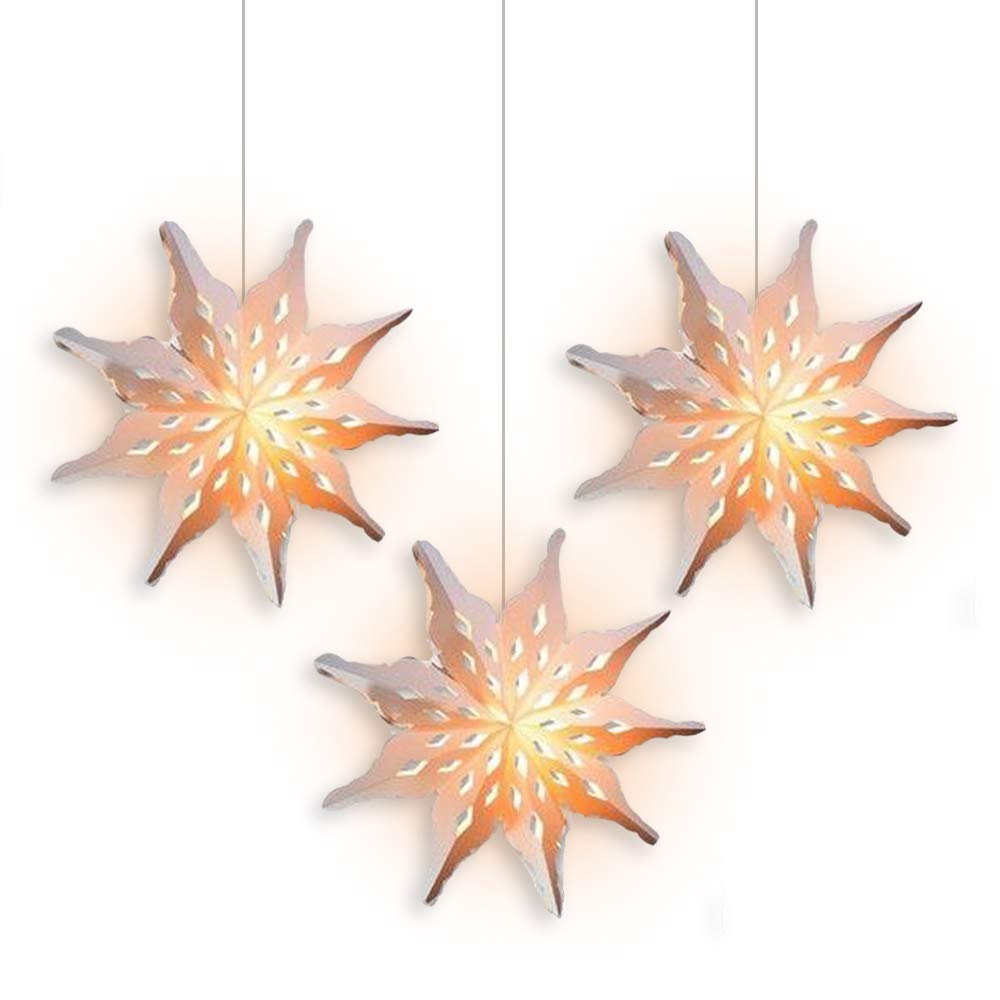 Luna Bazaar 27-Inch White Diamante Snowflake Pizzelle Paper Star Lantern with LED Lights - 3-Piece Corded Set for Christmas, Winter Wedding, Holiday Party & Home Decor | Perfect for Indoor/Outdoor Decorations, Festive Lighting, and Seasonal Celebrations