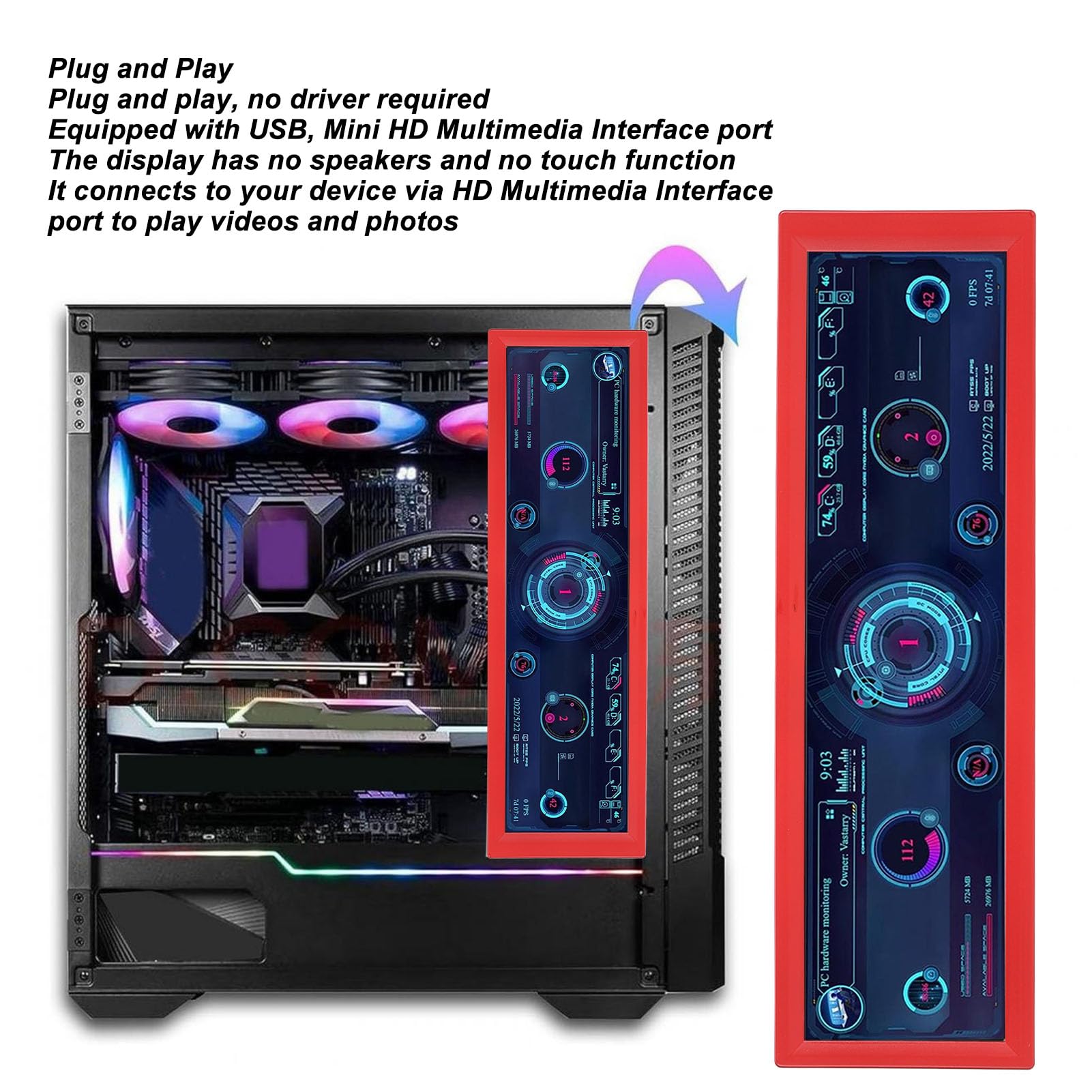 Elprico 8.8 Inch PC Temperature Monitor - IPS 1920x480 USB Mini Display with AIDA64 Support for CPU, RAM & ARGB Data Tracking - Perfect for Gaming Rigs, Workstations & PC Build Monitoring
