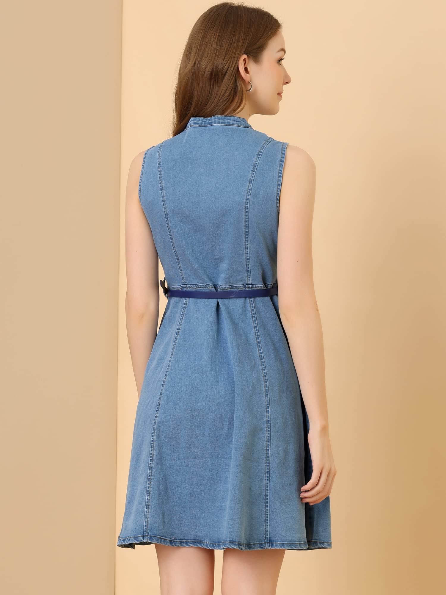 Allegra K Women's Casual Denim Dress - Belted Sleeveless Jean Shirt Dress for Summer Outings & Beach Vacations