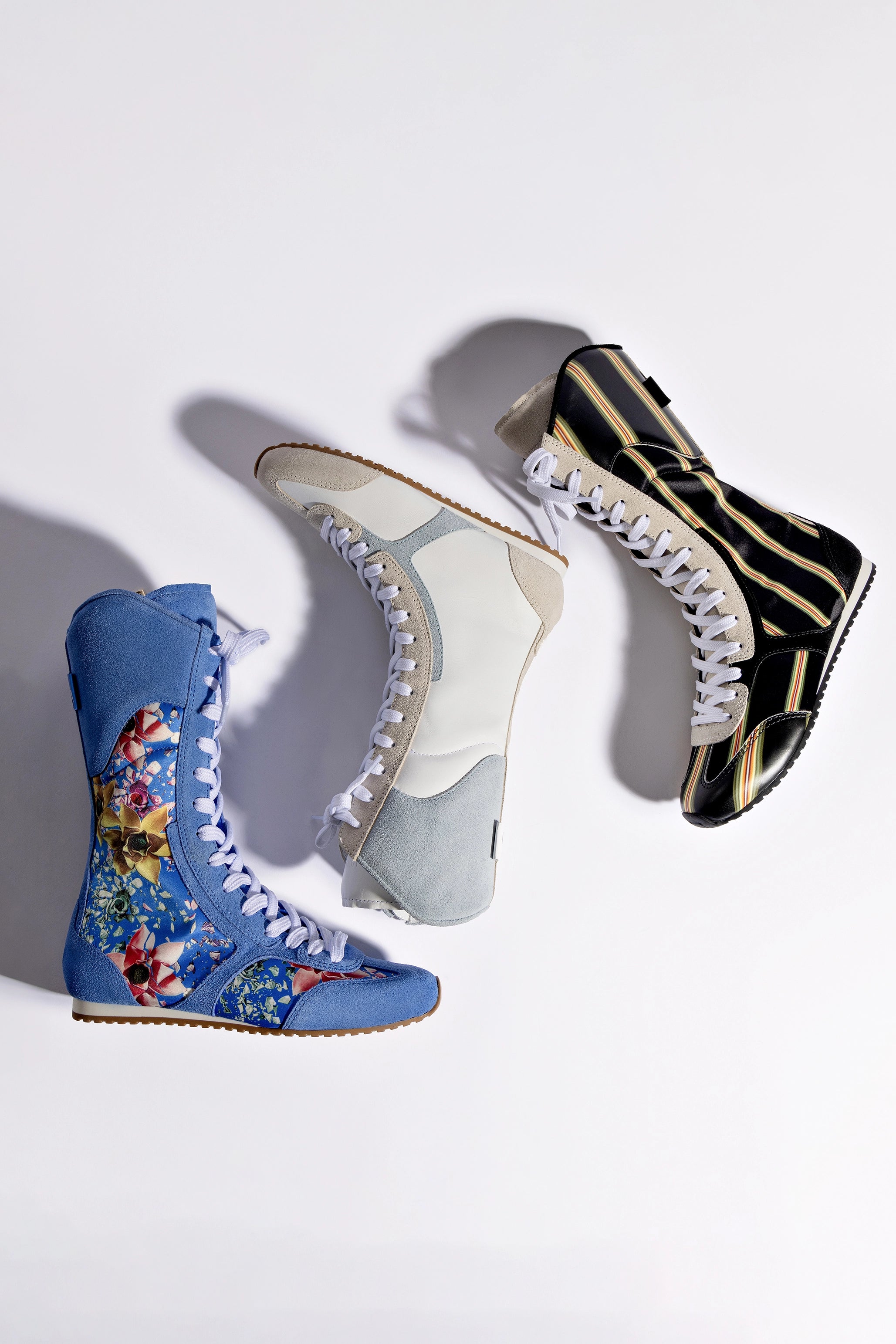 Larroudé x Jonathan Cohen White Leather Flat Lo Sneaker Boot with Maya & Mushroom Grey Suede - Stylish Casual Shoes for Women, Perfect for Everyday Wear, Office & Weekend Outings