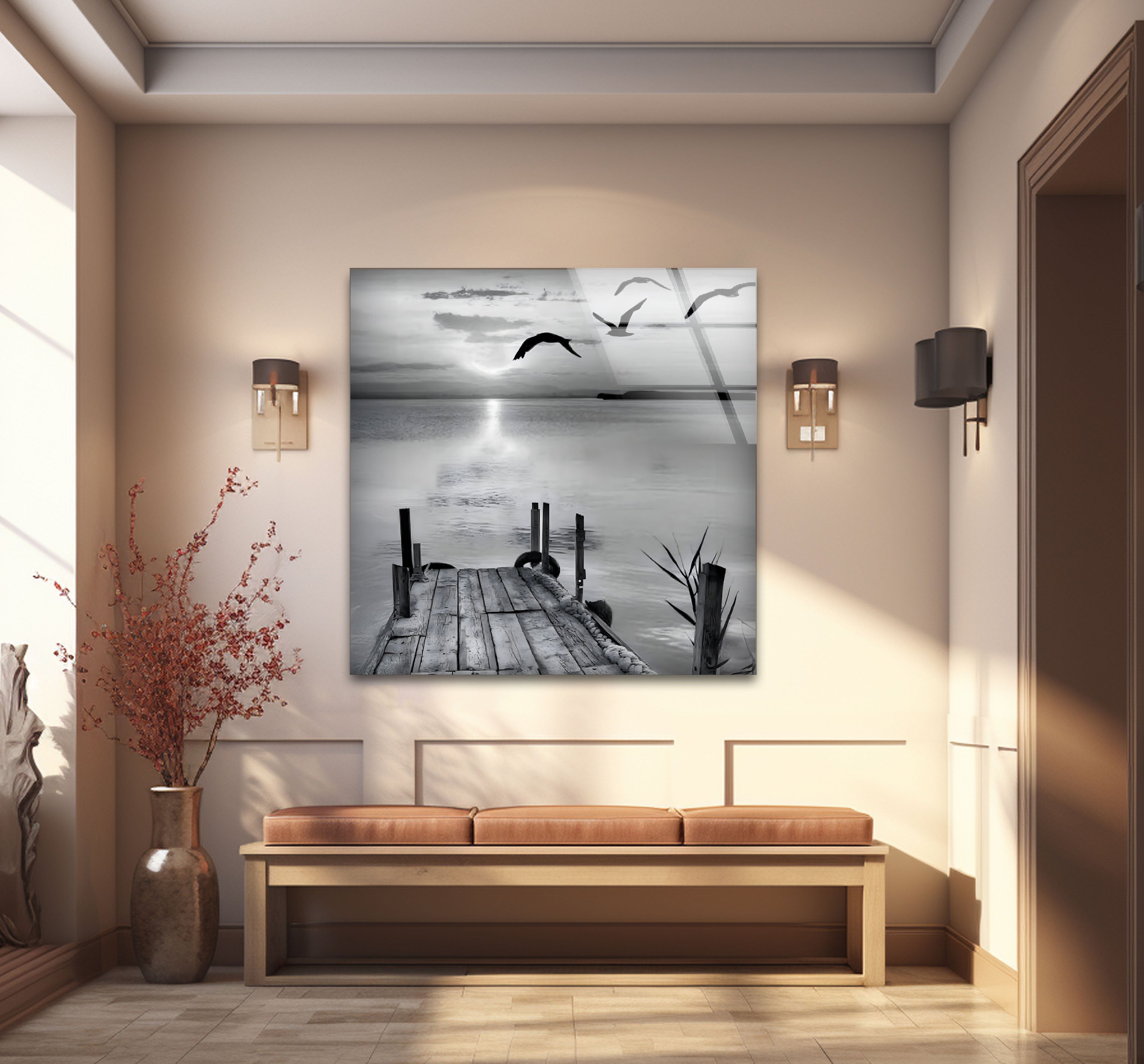 Black and White Dock Landscape Glass Wall Art - Modern Home Decor for Living Room, Bedroom, Office - Perfect Gift for Housewarming, Wedding, Anniversary
