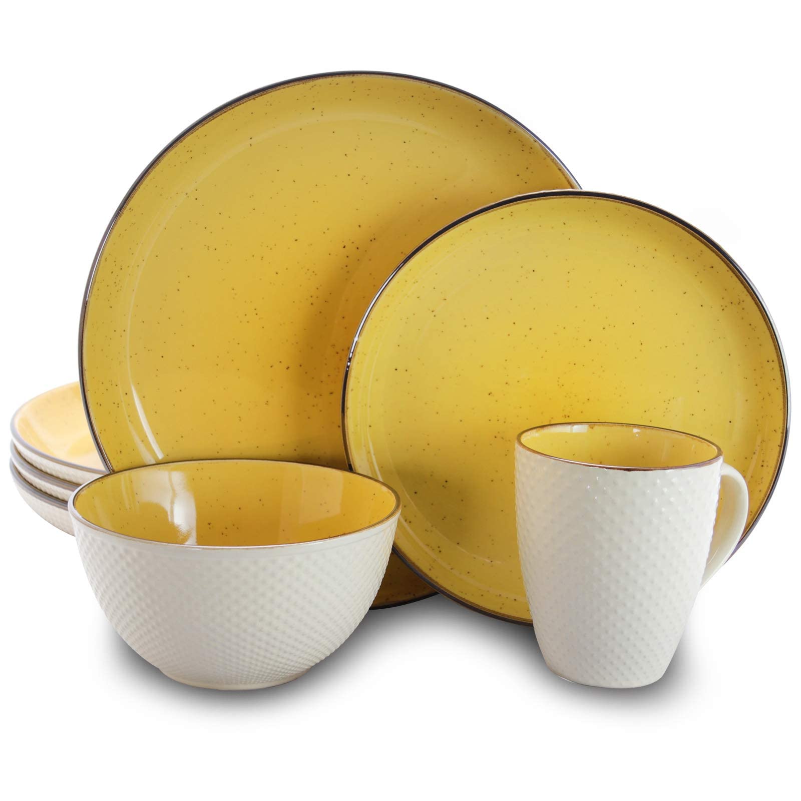Elama 16-Piece Round Stoneware Dinnerware Set - Luxurious Mellow White & Yellow Dish Set for Everyday Dining, Family Gatherings & Special Occasions