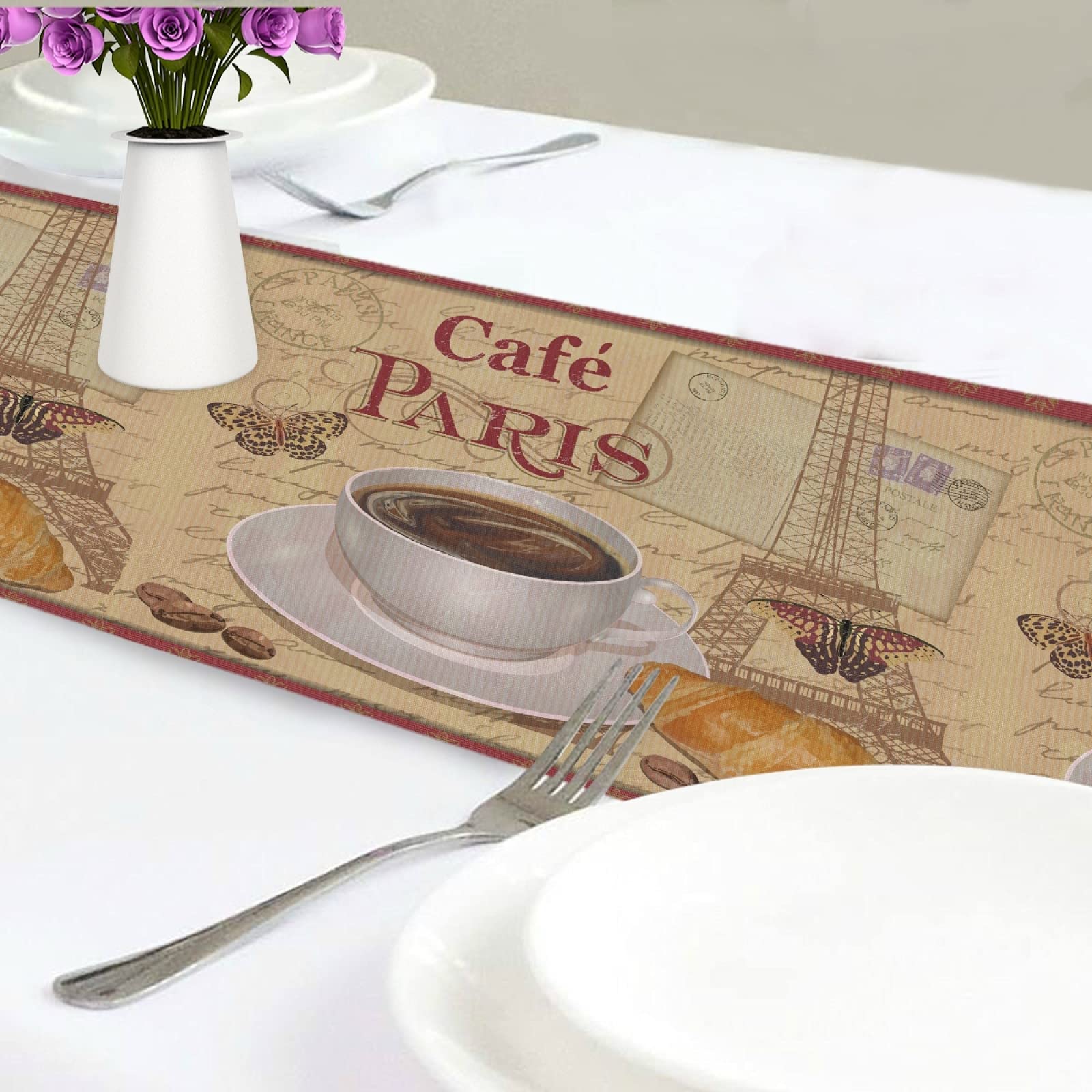 Vintage Paris Cafe Table Runner 90 Inches Long - Retro Coffee Bean Design Washable Durable Table Decor for Dining Room Kitchen - Perfect for Spring Summer Home Decor, Dinner Parties & Coffee Shop Theme Events