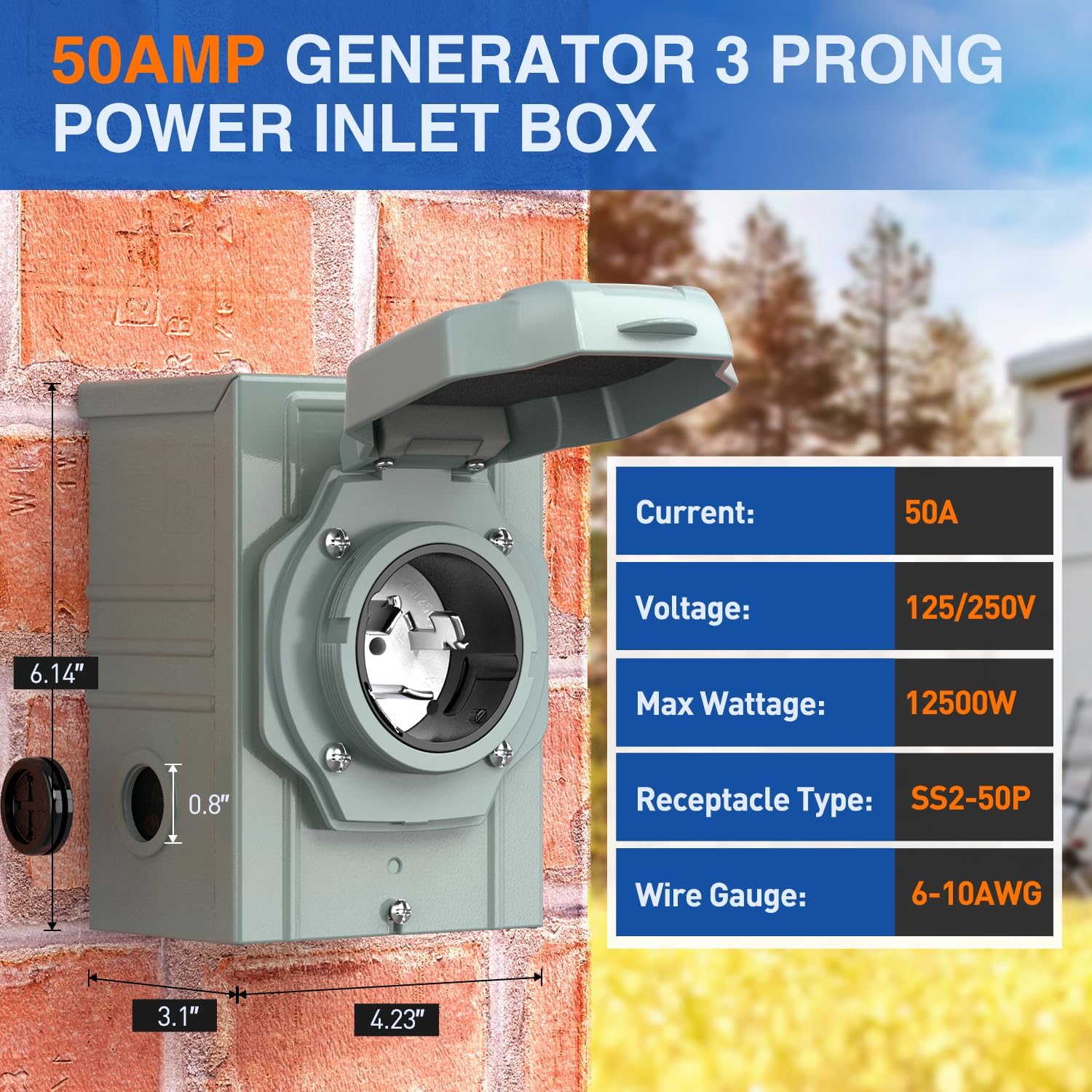 50 Amp 3 Prong Generator Power Inlet Box - Heavy Duty Weatherproof Outdoor Electrical Connector for RV, Camper & Home Backup Power Supply