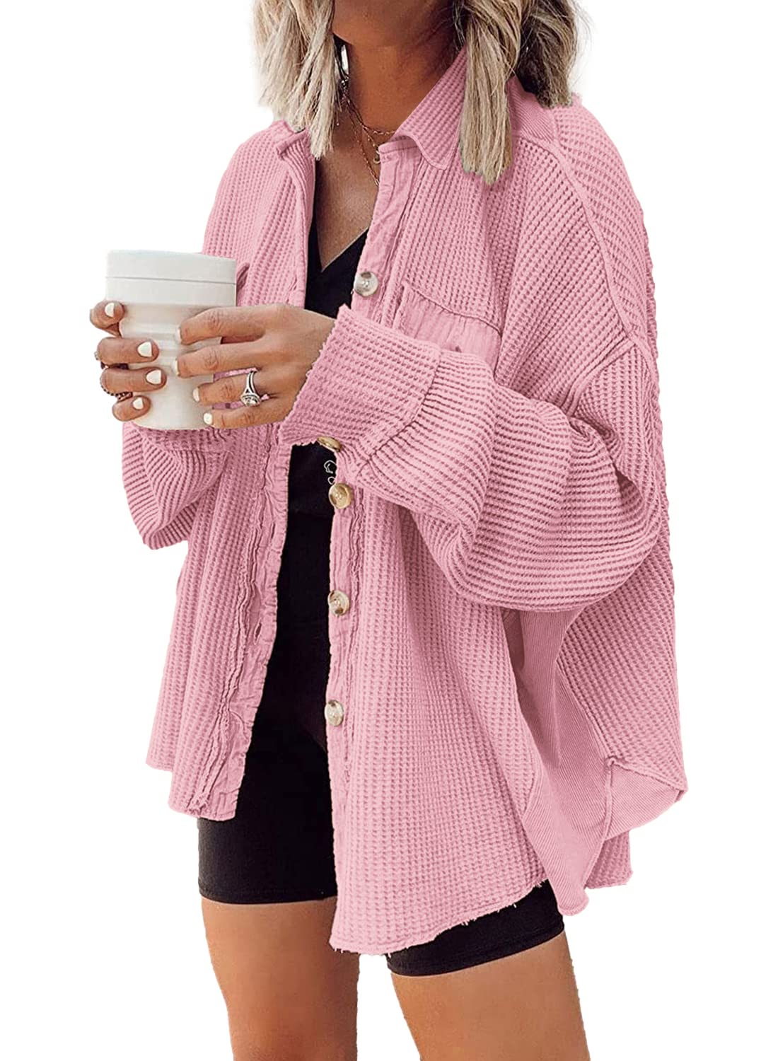 Nirovien Women's Waffle Knit Shacket - Oversized Button Down Shirt Jacket, Lightweight Spring Cardigan for Casual Wear & Layering Outfits