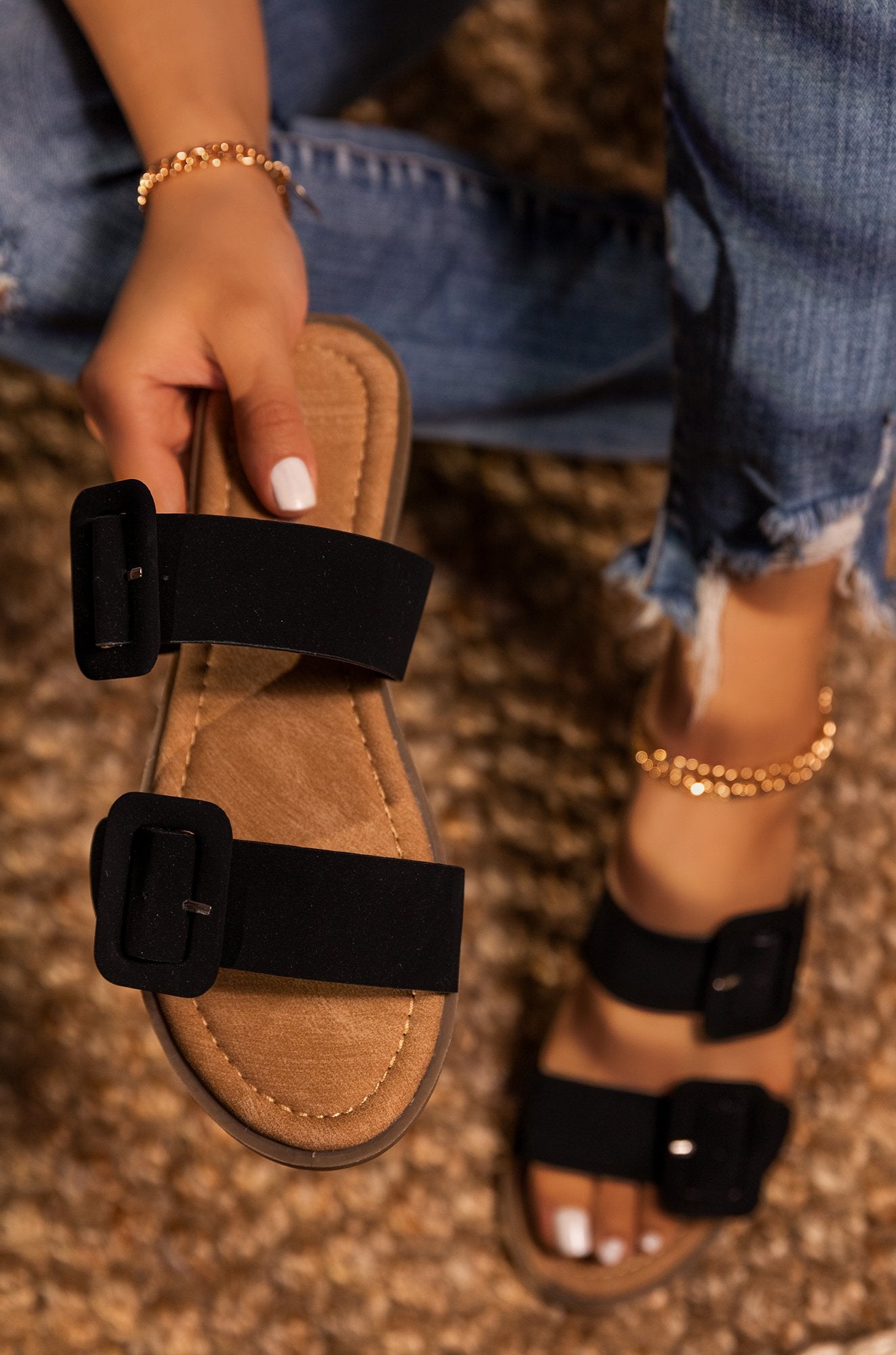 Lydia Double Buckle Strappy Sandals for Women - Black Summer Casual Shoes | Comfortable Walking Sandals for Beach, Vacation & Daily Wear