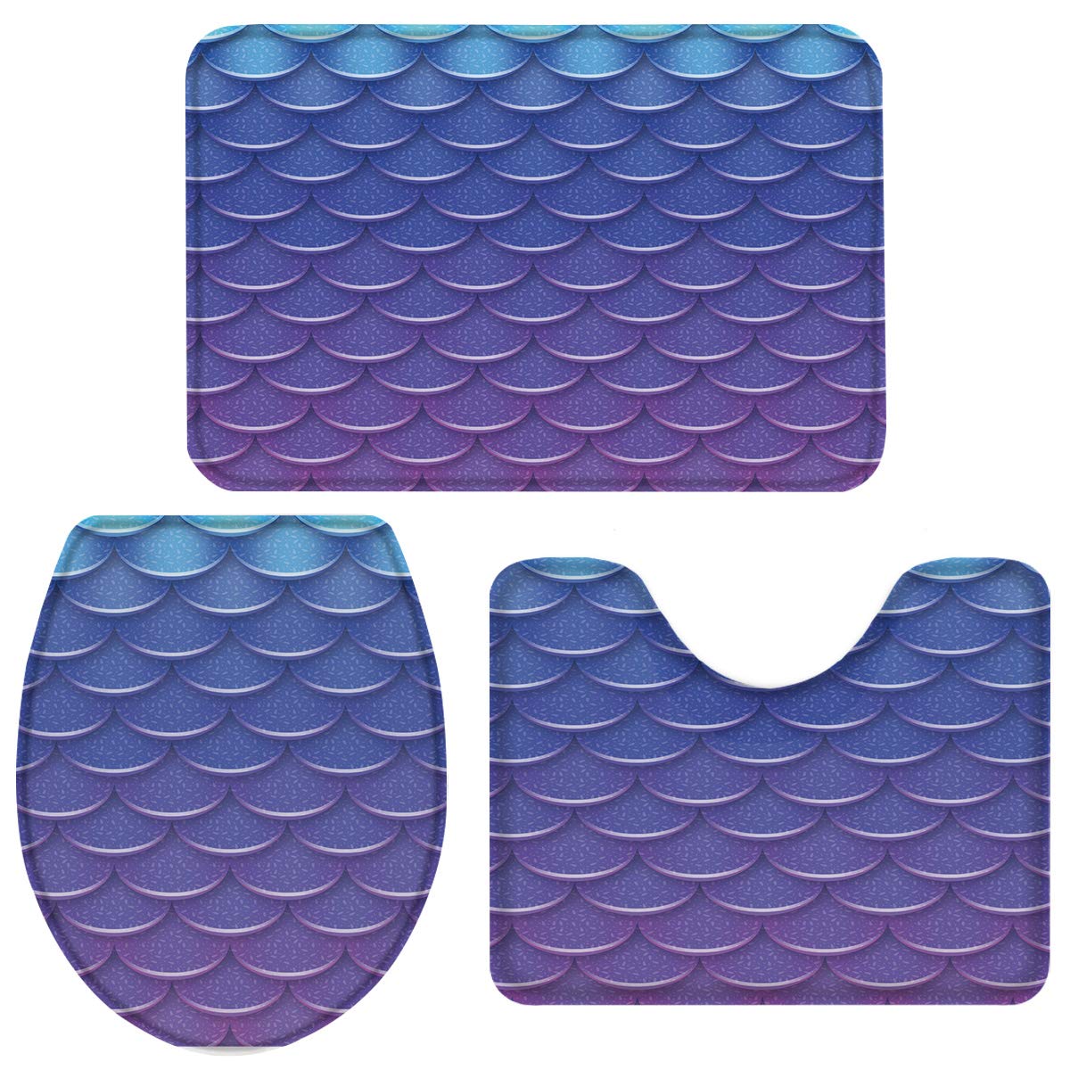 3 Piece Bath Rugs Set - Non-Slip Mermaid Scale Pattern Bathroom Carpet, Absorbent U-Shaped Toilet Mat with Lid Cover, Soft & Durable - Perfect for Bathroom Decor, Guest Rooms & Coastal Themed Homes (Purple)