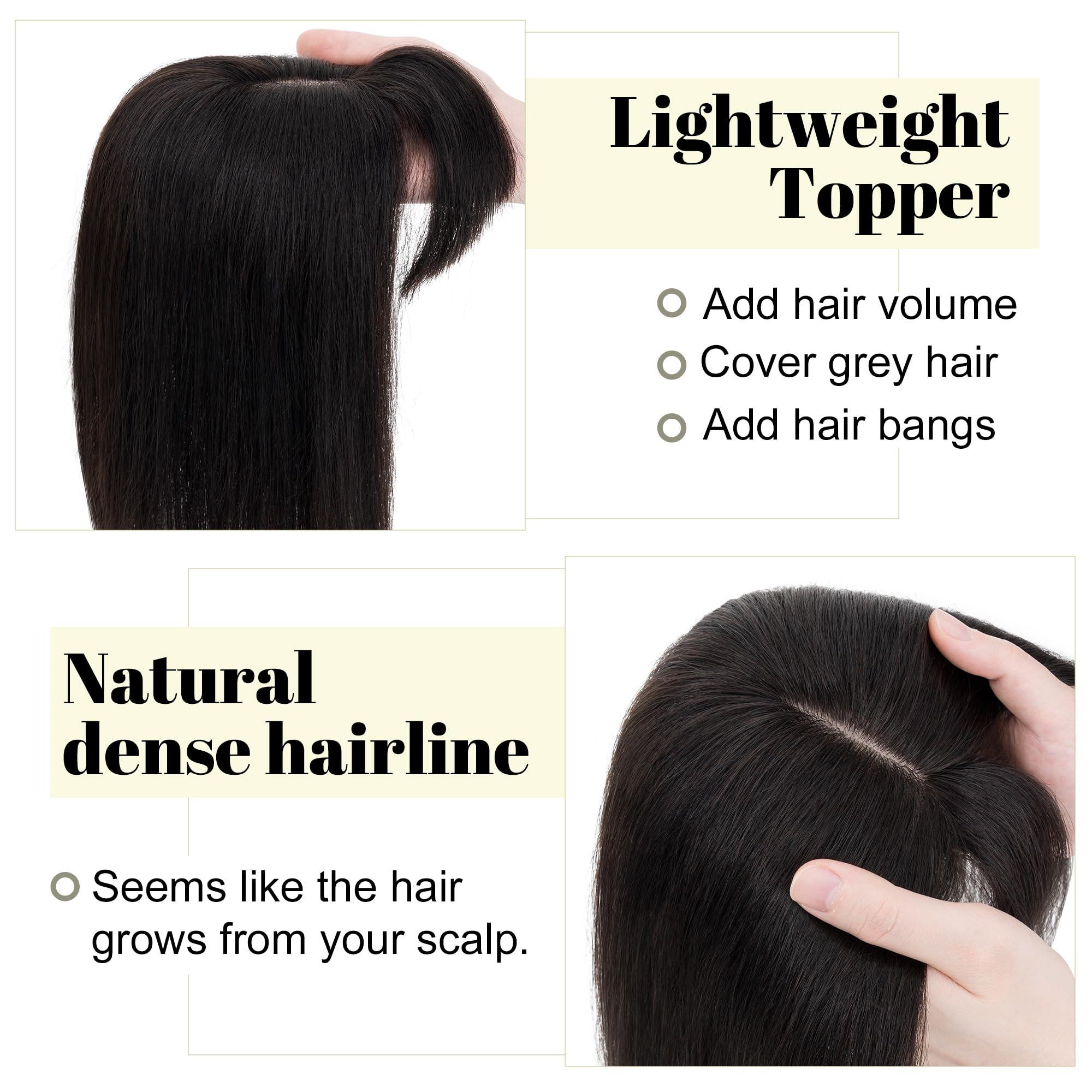 SEGO 100% Real Human Hair Toppers for Women with Bangs - 130% Density Silk Base Clip-in Top Wiglet (10x12cm, 12 Inch Natural Black) for Thinning Hair - Perfect for Daily Wear, Parties & Special Occasions