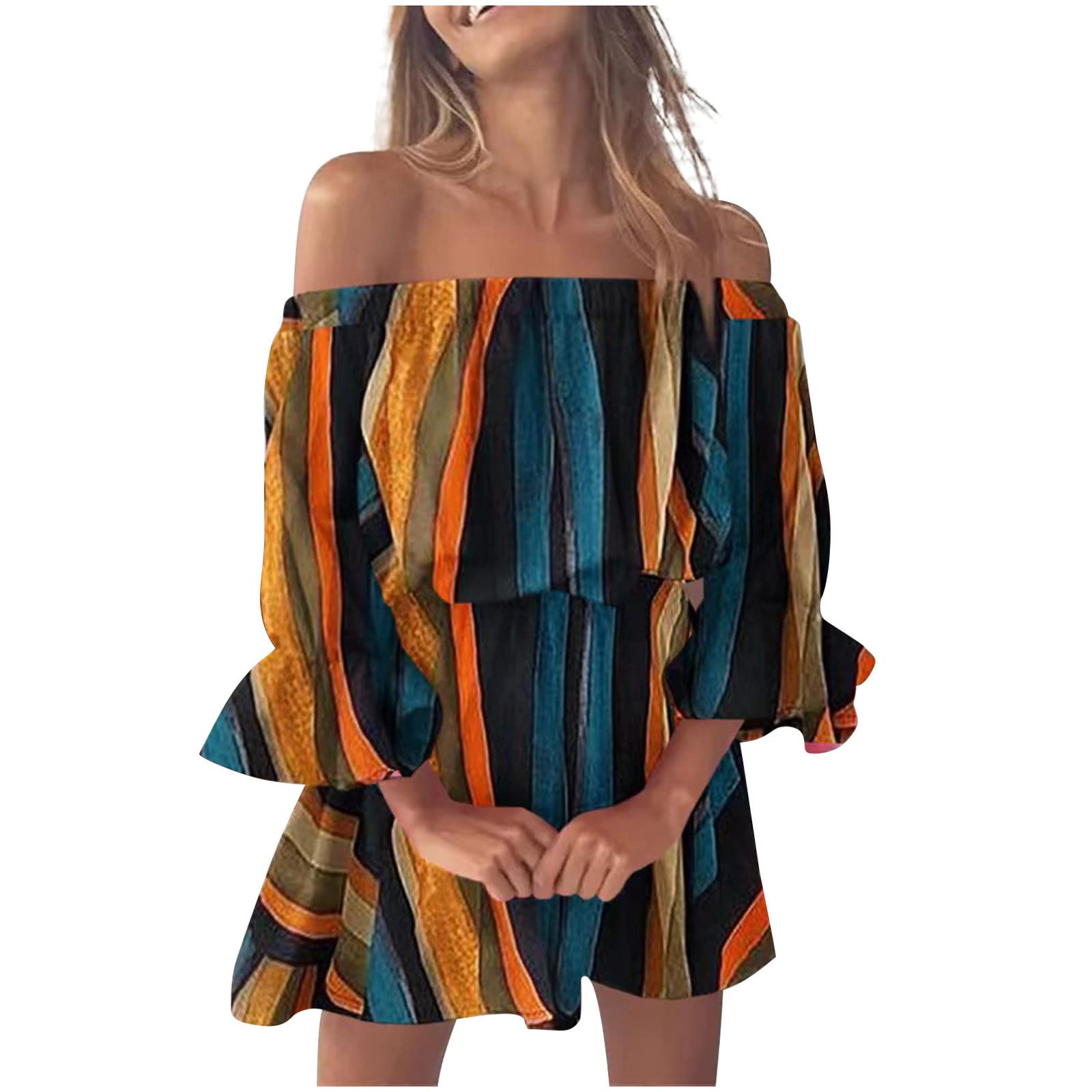 Women's Off Shoulder Floral Midi Dress - Sexy Summer Bell Sleeve Ruffle Swing Dress with Casual Print | Perfect for Beach Vacations, Date Nights & Outdoor Parties