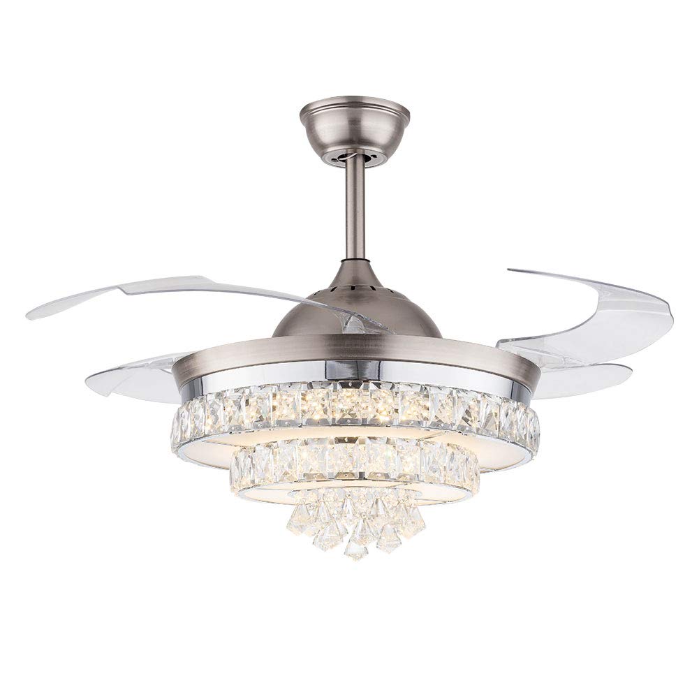 42 Inch Crystal Ceiling Fan Light with Remote Control - 4 Retractable Clear Blades, Height Adjustable Chandelier with Acrylic Lampshade for Bedroom, Living Room, Dining Room (Silver) | Modern Cooling & Elegant Lighting Solution for Home Decor