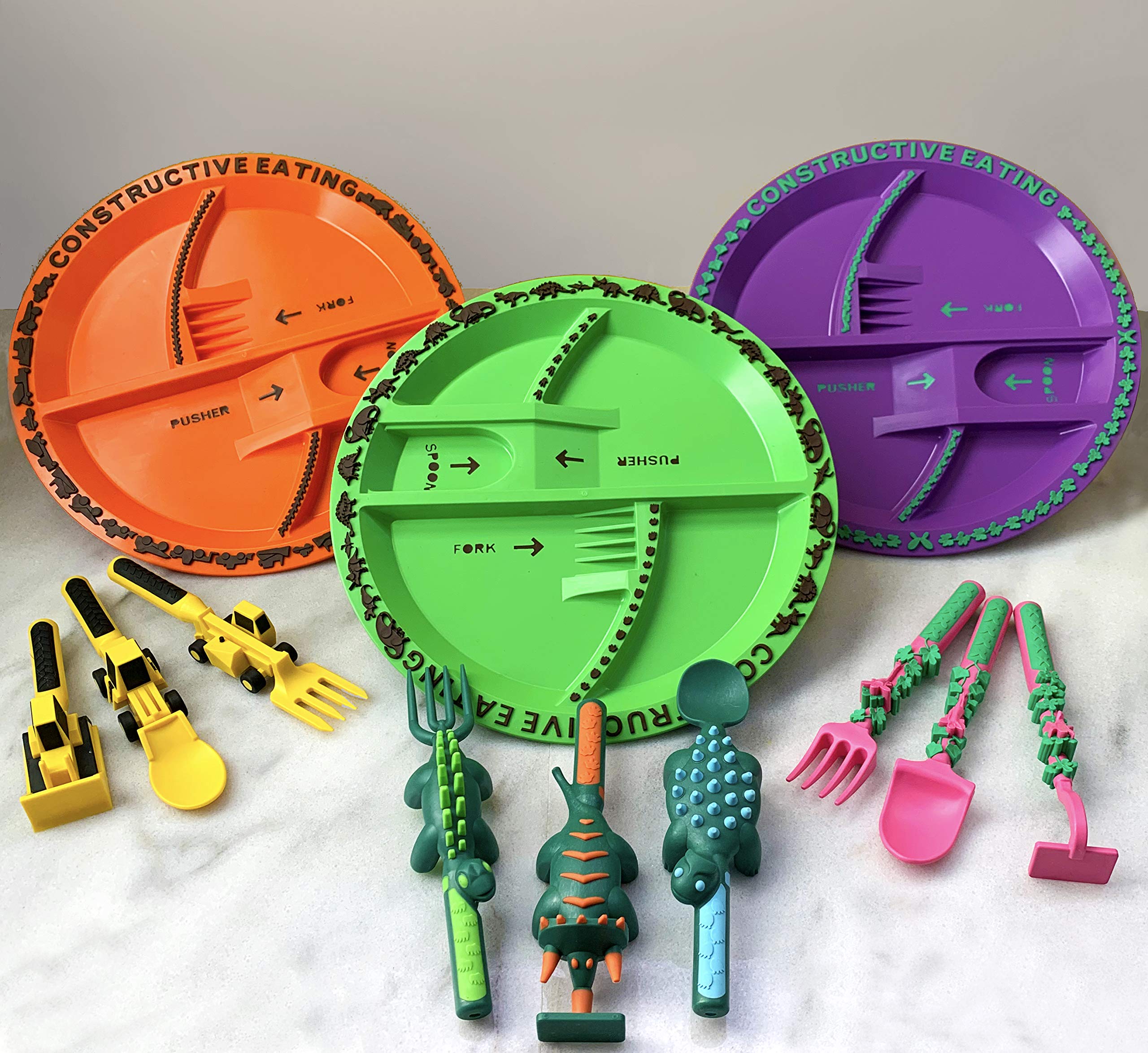 Constructive Eating USA-Made Toddler Utensil Set - 3 Construction, Dinosaur & Fairy Themed Plates with Forks & Spoons for Babies & Kids | BPA-Free, Dishwasher Safe | Perfect for Daycare, Preschool & Family Meals