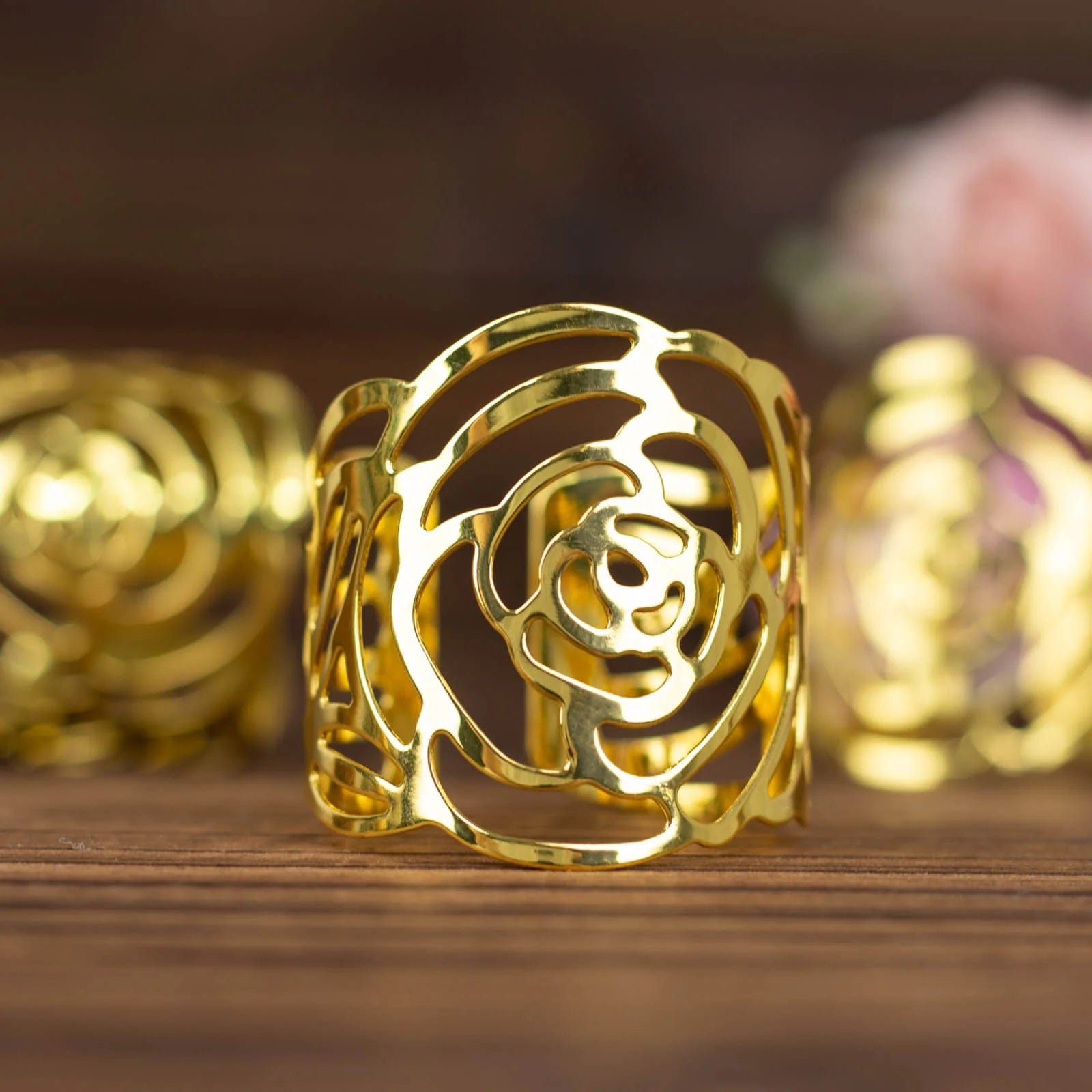 4 Pack Laser Cut Rose Flower Design Decorative Metal Napkin Rings - Gold for Wedding, Party, and Holiday Table Decor