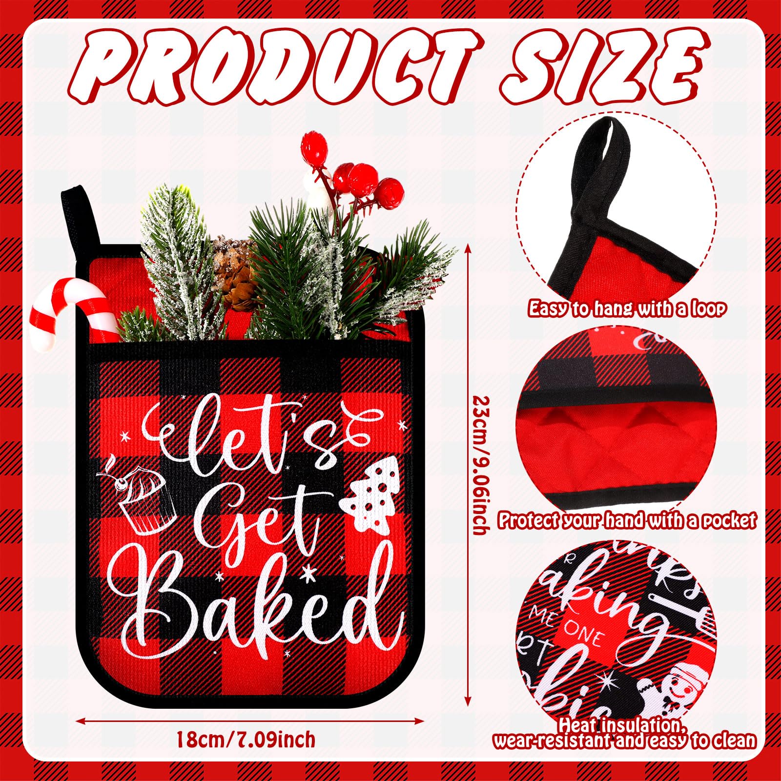 Yaomiao 10 Pcs Christmas Pot Holders with Pocket - Heat Resistant Oven Mitts & Hot Pads for Baking, Cooking, and Kitchen Use - Perfect Holiday Gift (Red, Black, Plaid) - Ideal for Christmas Decor, Cookie Baking, and Hostess Gifts