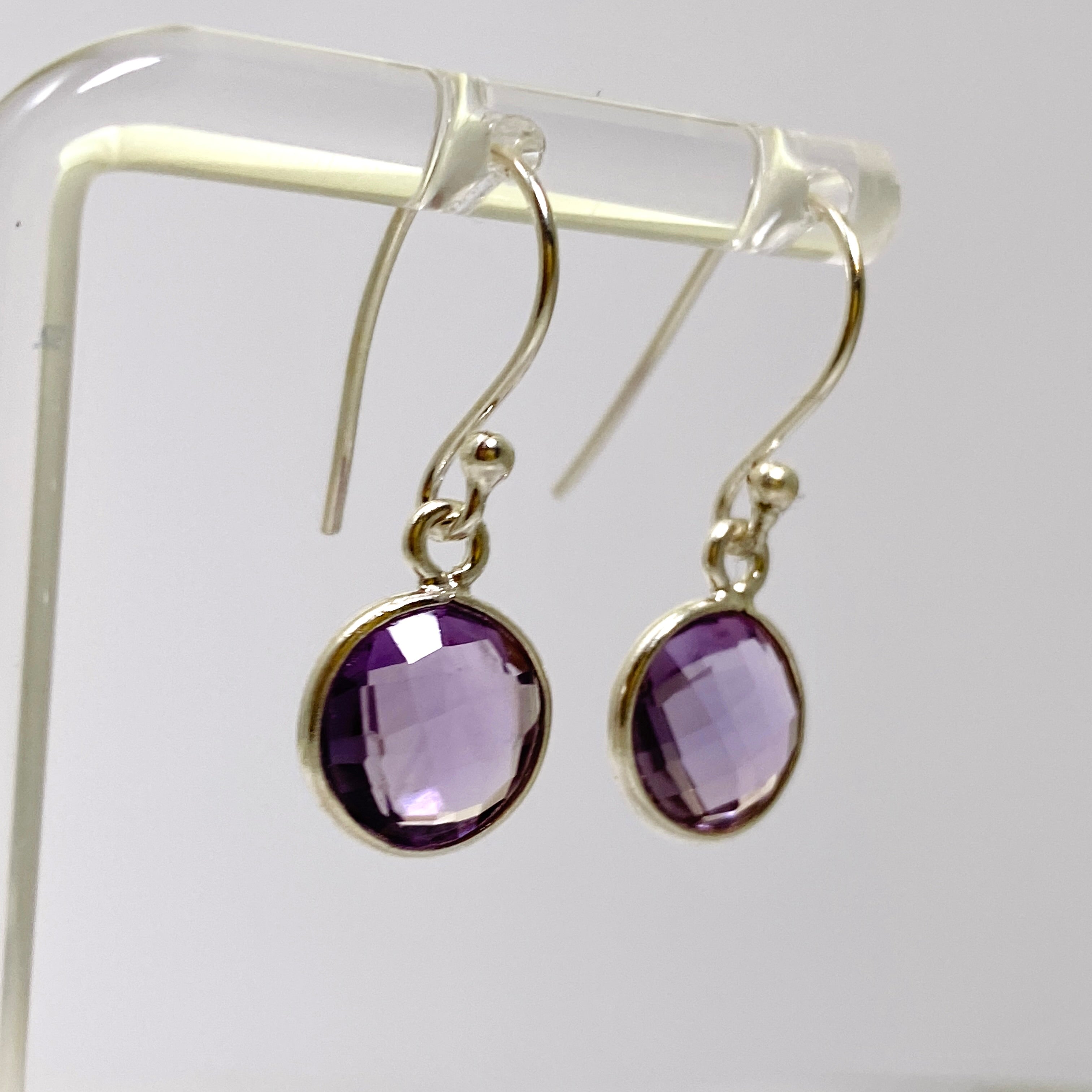 Amethyst Round Checkerboard Faceted Earrings for Women - Elegant Purple Gemstone Jewelry Gift for Birthday, Anniversary & Valentine's Day - Perfect for Parties, Weddings & Special Occasions
