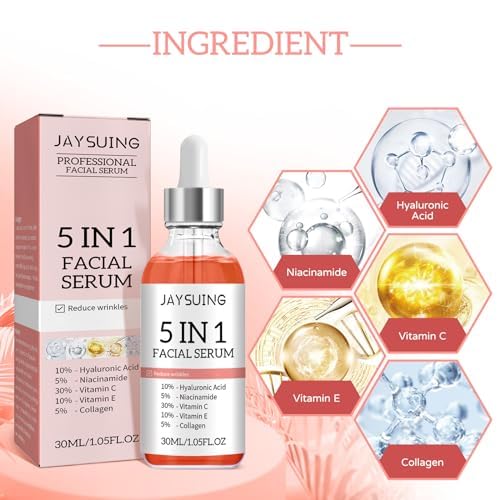 5 in 1 Anti-Aging Facial Serum with 30% Vitamin C, Niacinamide & Hyaluronic Acid - Hydrating Collagen Boost Serum Reduces Wrinkles & Fine Lines - 1.05 Fl.oz for Glowing Skin Day & Night Care