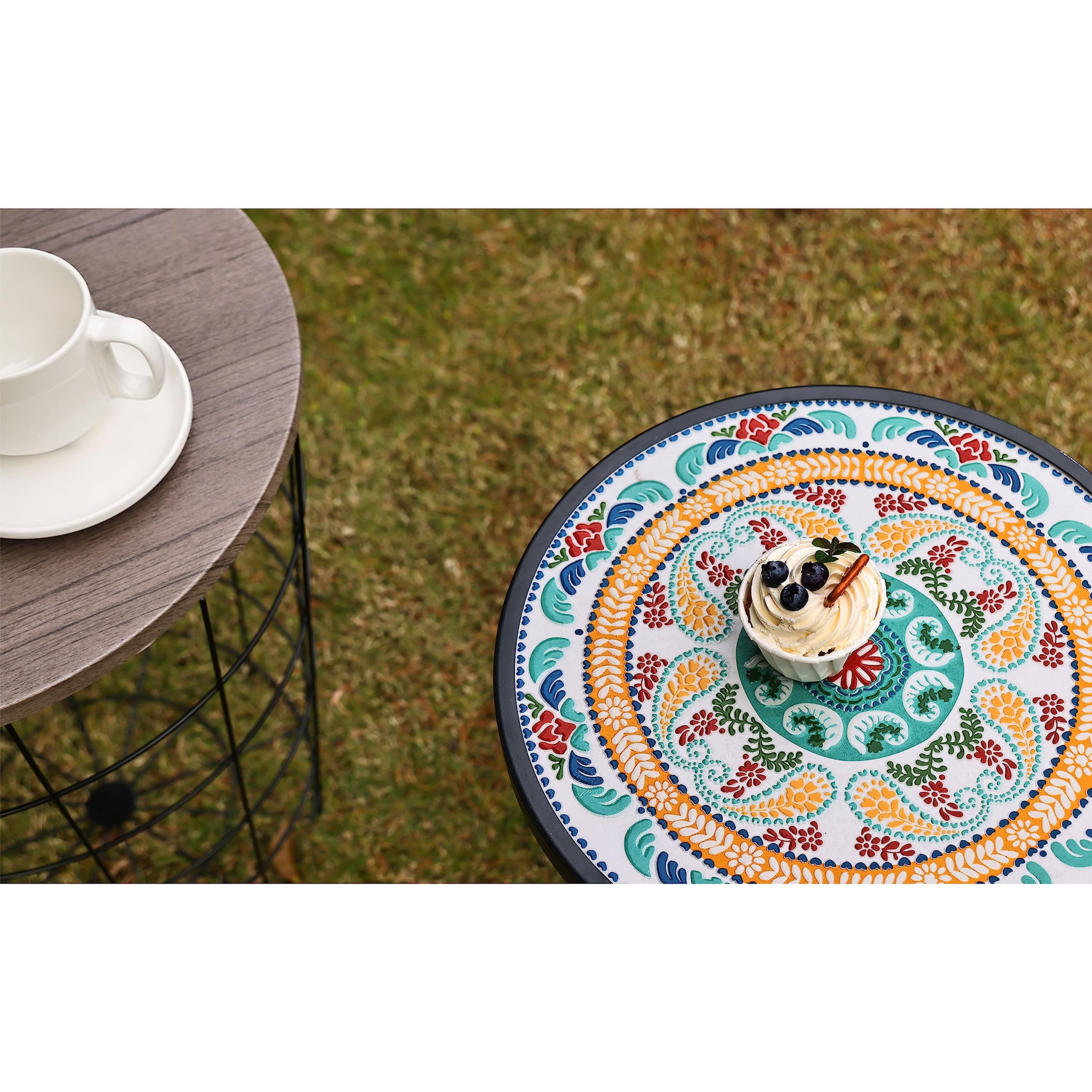 14 Inch Round Ceramic Tile Top Side Table for Indoor & Outdoor Use - Greek Pattern Accent Table - Perfect for Patio, Garden, or Living Room Decor