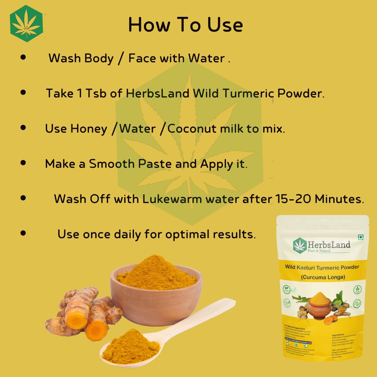 HerbsLand® 100% Pure Organic Wild Kasturi Turmeric Powder & Multani Mitti Clay Face Mask (100g Each, 200g Total) - Natural Skin Brightening & Acne Treatment for Glowing Complexion - Perfect for DIY Beauty Routines & Spa Days