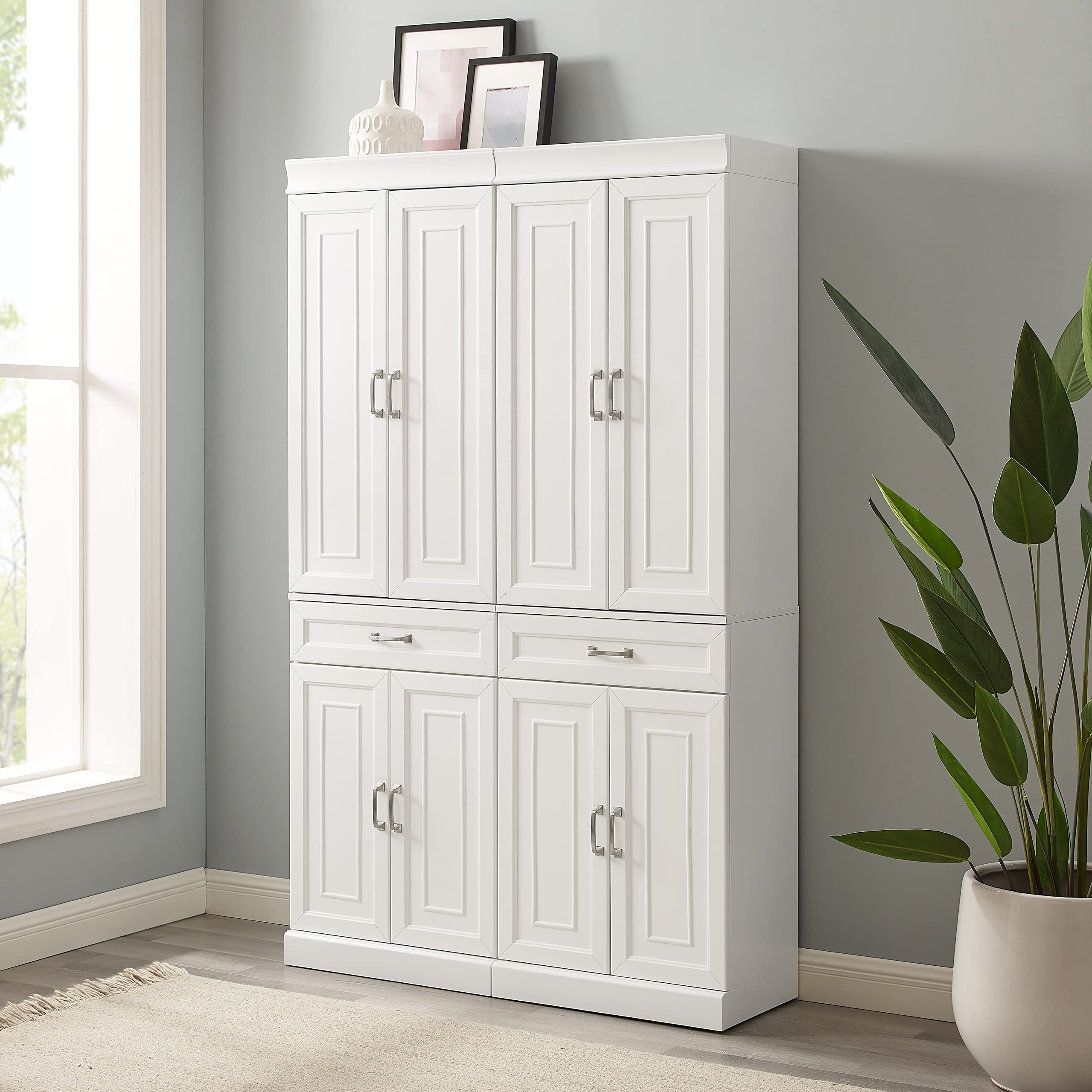 Crosley Stanton 2-Piece White Pantry Storage Cabinet Set with Adjustable Shelves - Kitchen, Dining & Laundry Room Organizer for Spices, Linens & Cleaning Supplies
